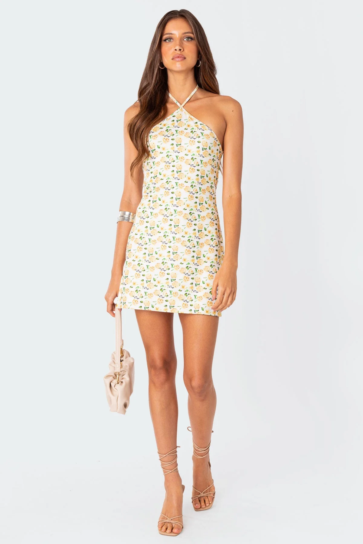 Strapless Rose Print Mini Dress with Halter Tie Neck