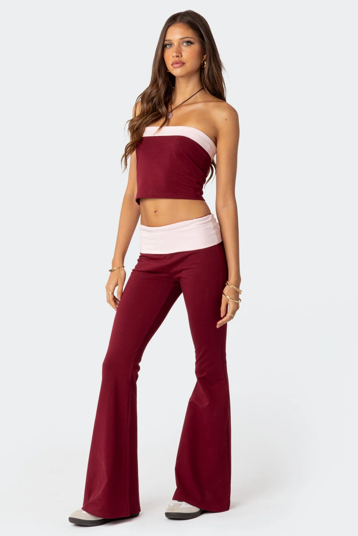 Burgundy Fold Over Flare Leggings Set