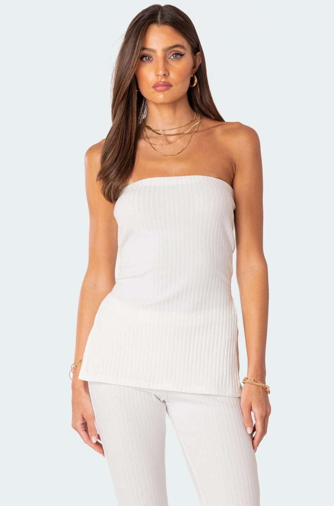 White Ribbed Tube Top with Slits