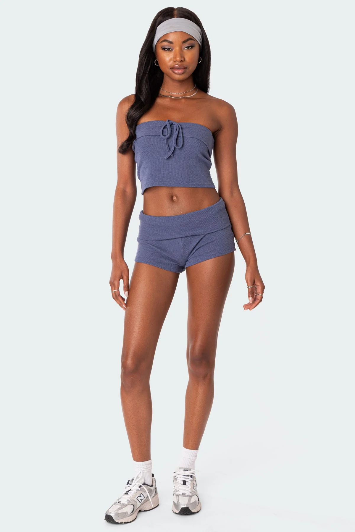 Navy Waffle Lounge Shorts Womens Matching Set