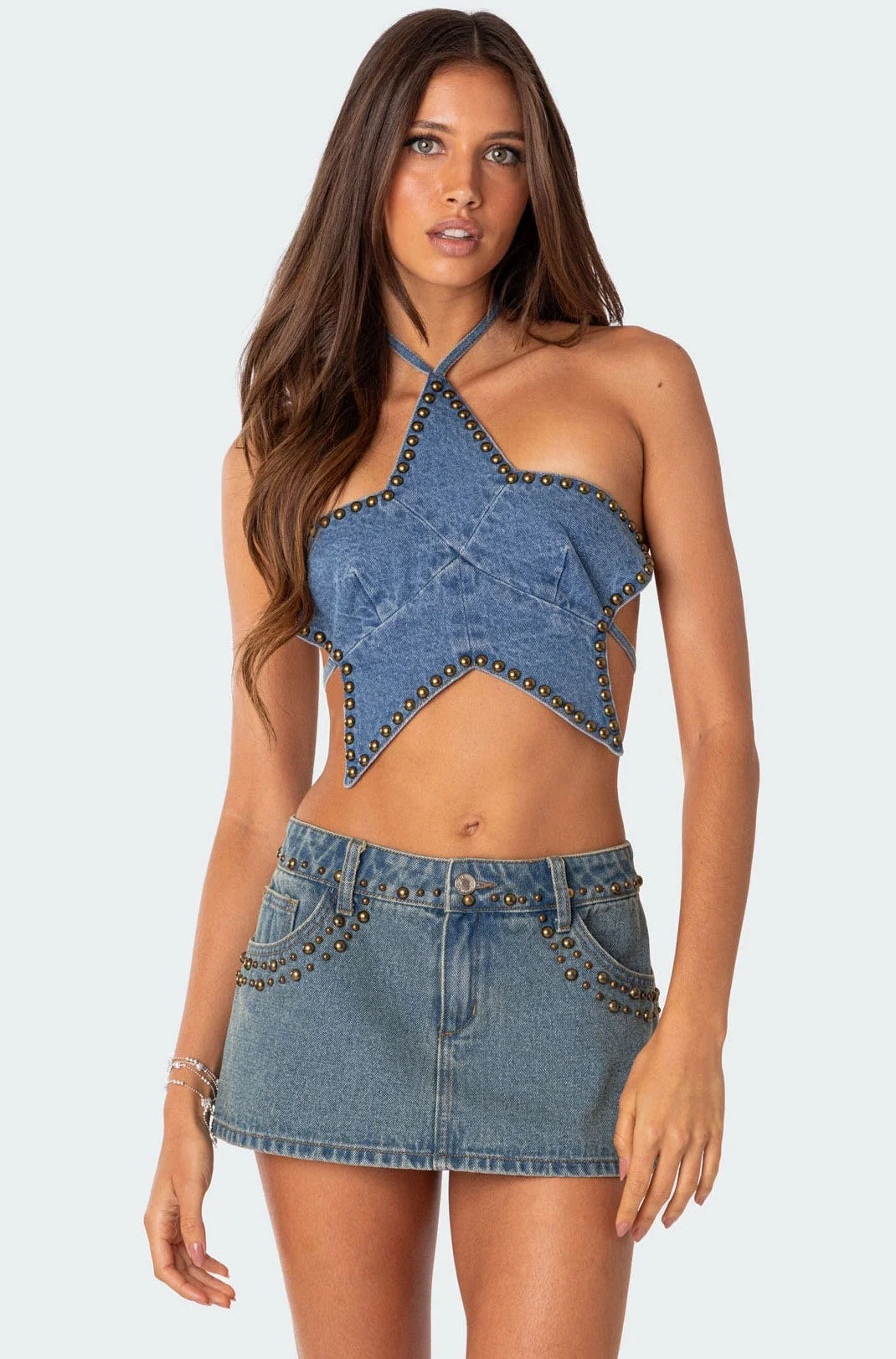 Denim Halter Crop Top with Star Studded Design