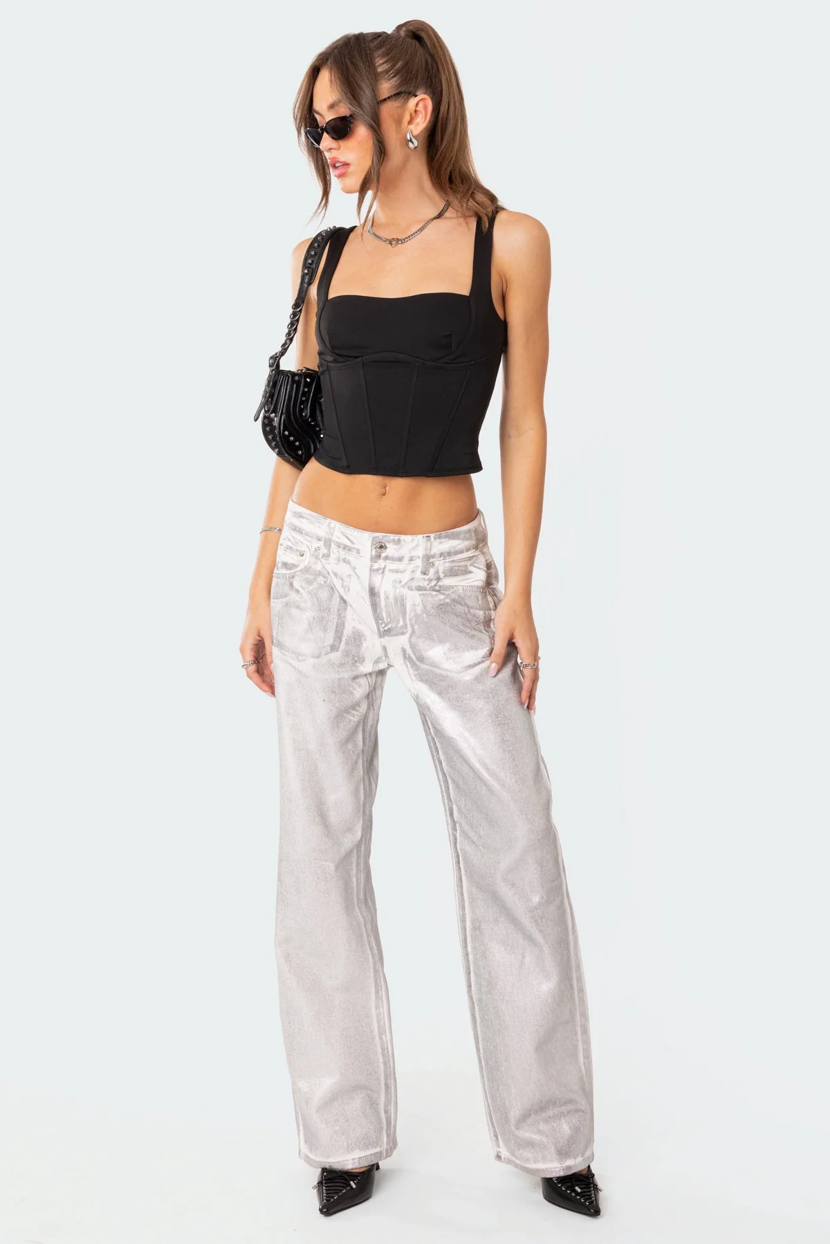 Metallic Silver Low Rise Denim Pants