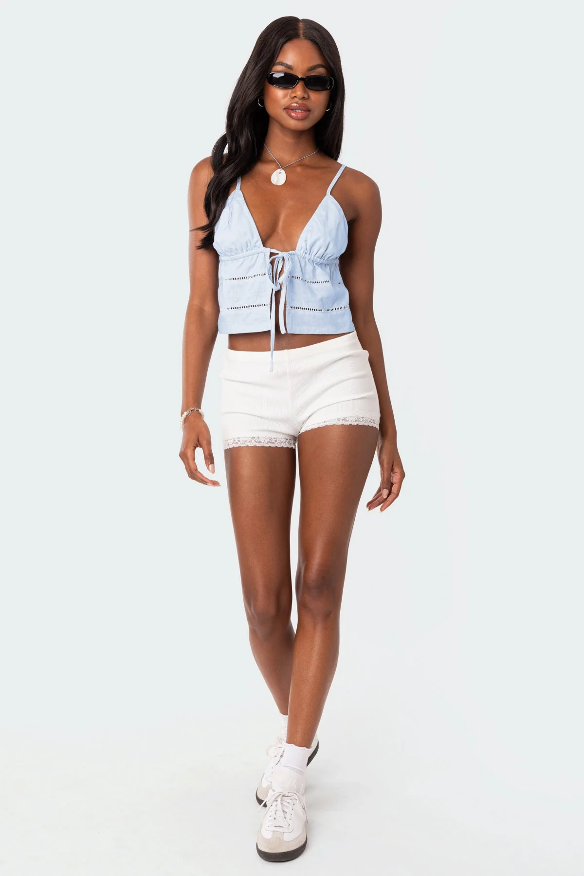 Blue Cotton Tie Front Tank Top