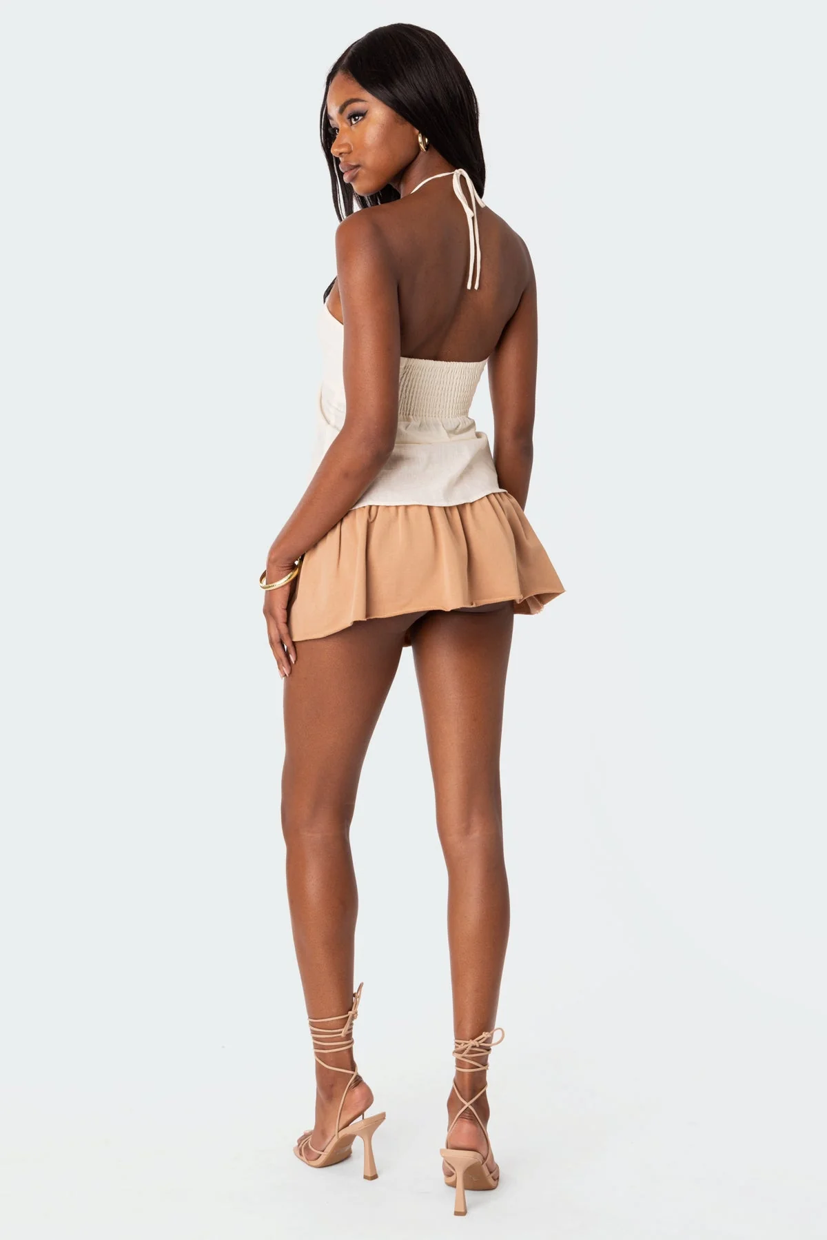 Cream Cotton Halter Neck Top with Split Front Detailing