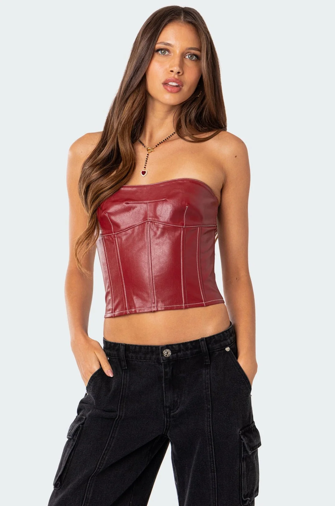 Burgundy Faux Leather Lace Up Corset Top