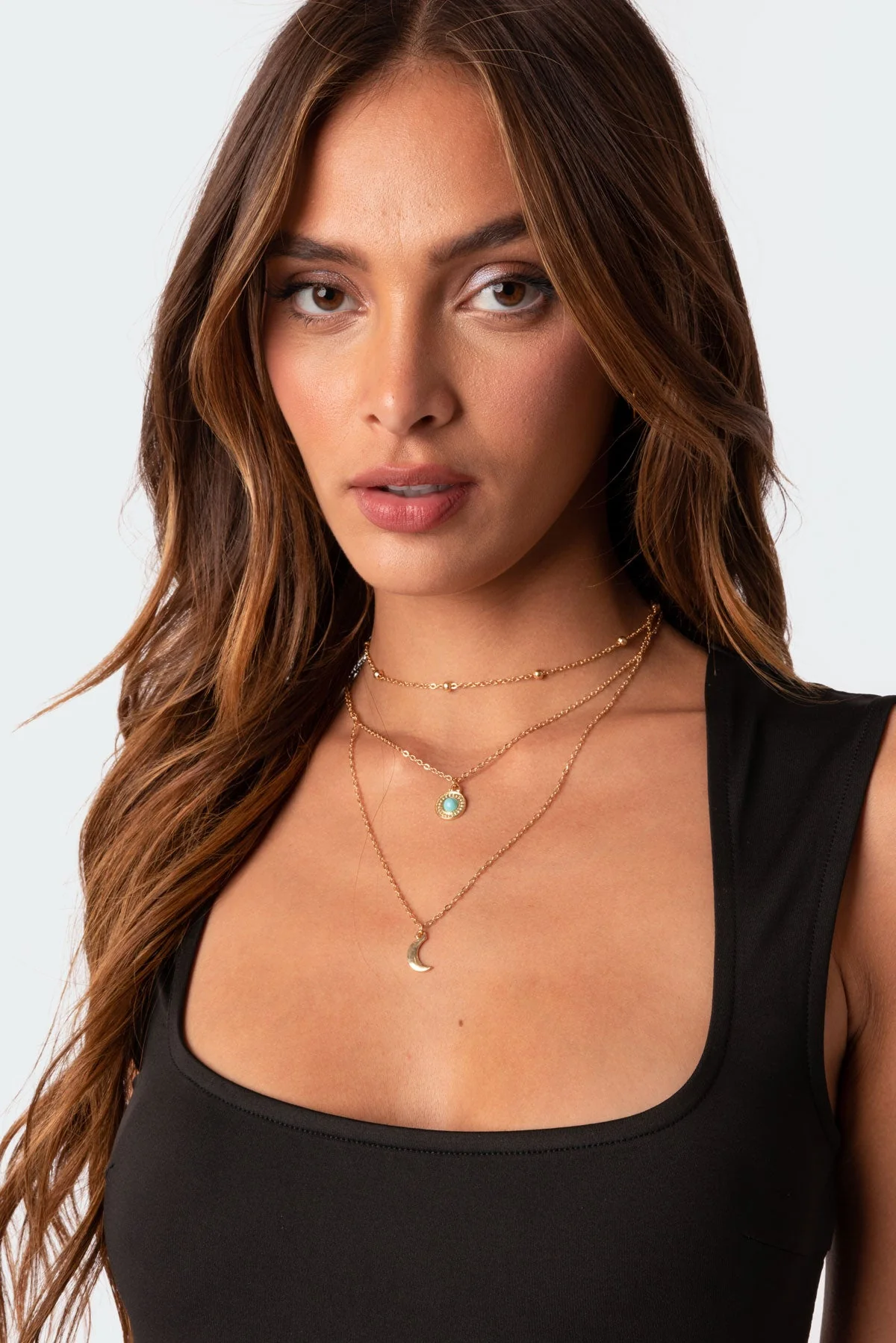 Layered Stone Moon Pendant Necklace