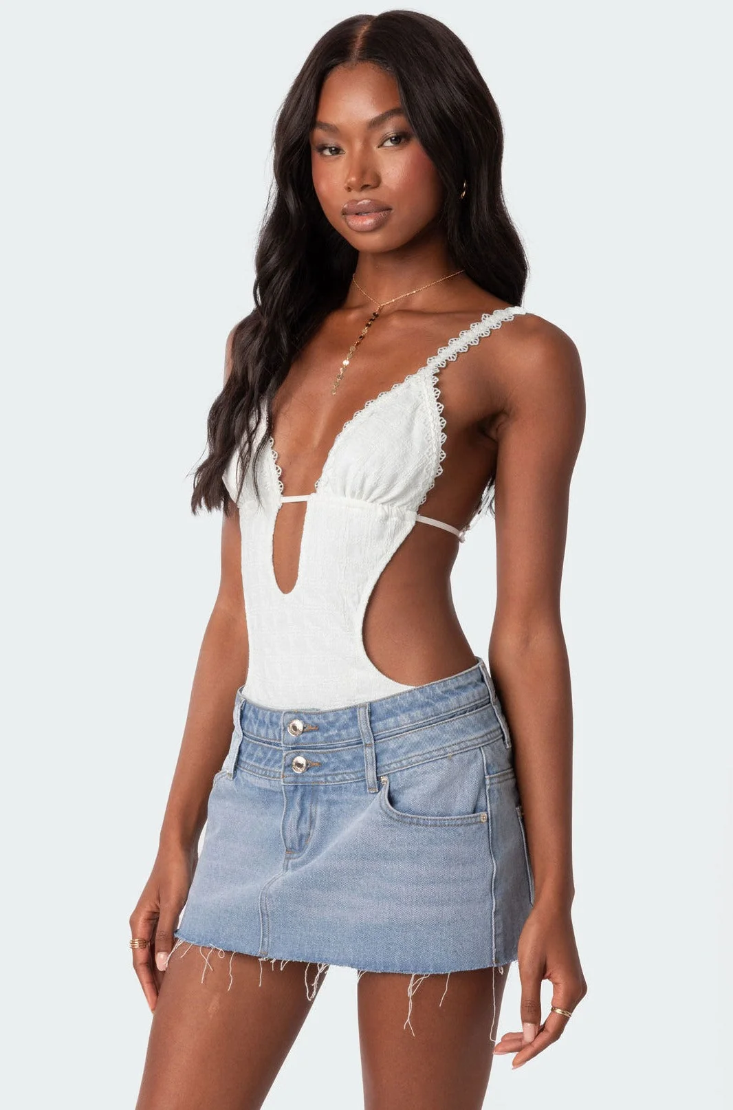 Textured Cotton Bodysuit with Cut-Out Details