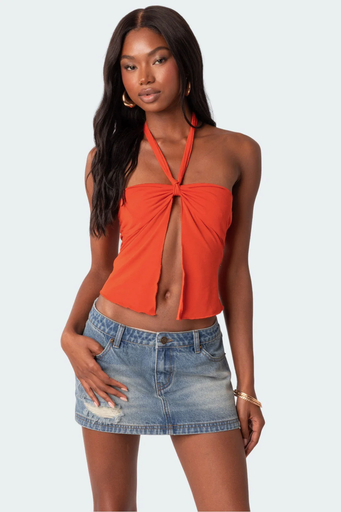 Orange Split Front Halter Neck Crop Top