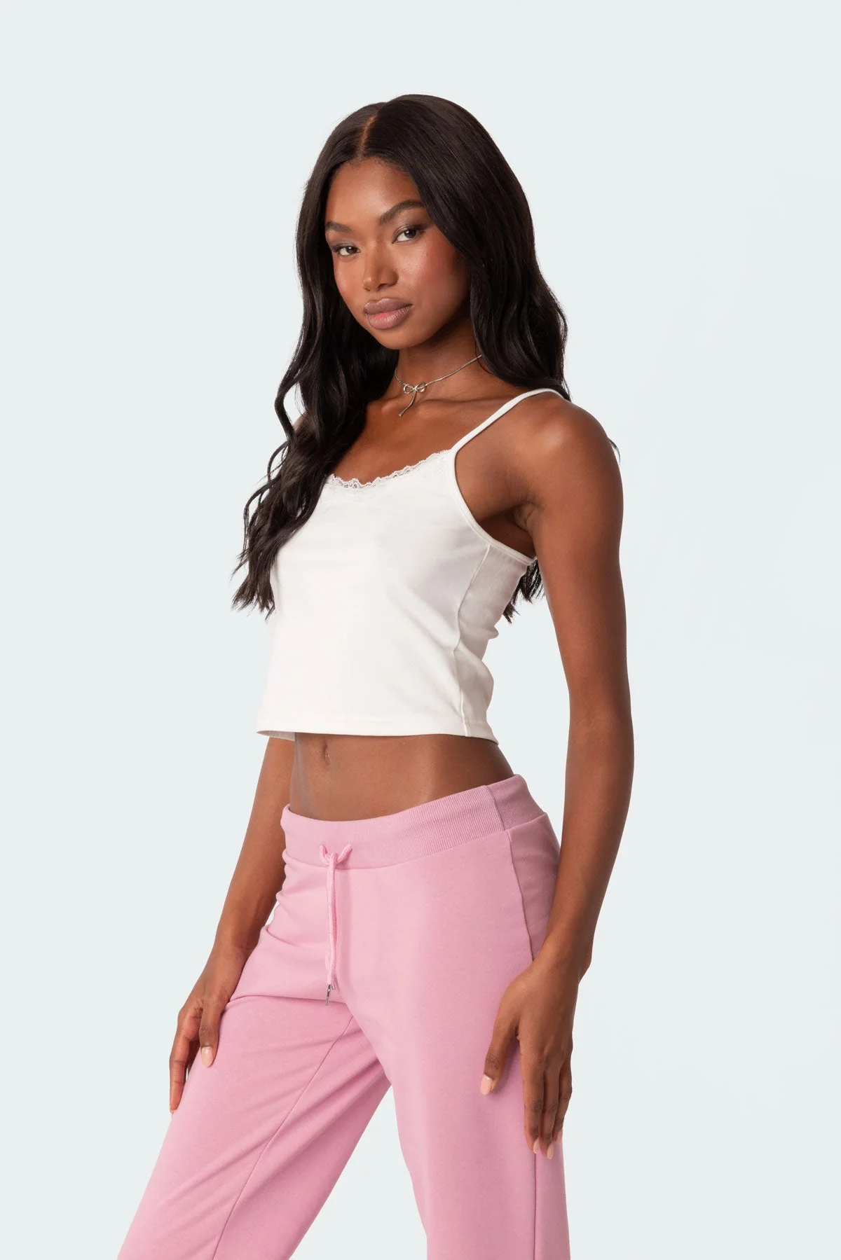 White Ribbed Tank Top with Lace Trim