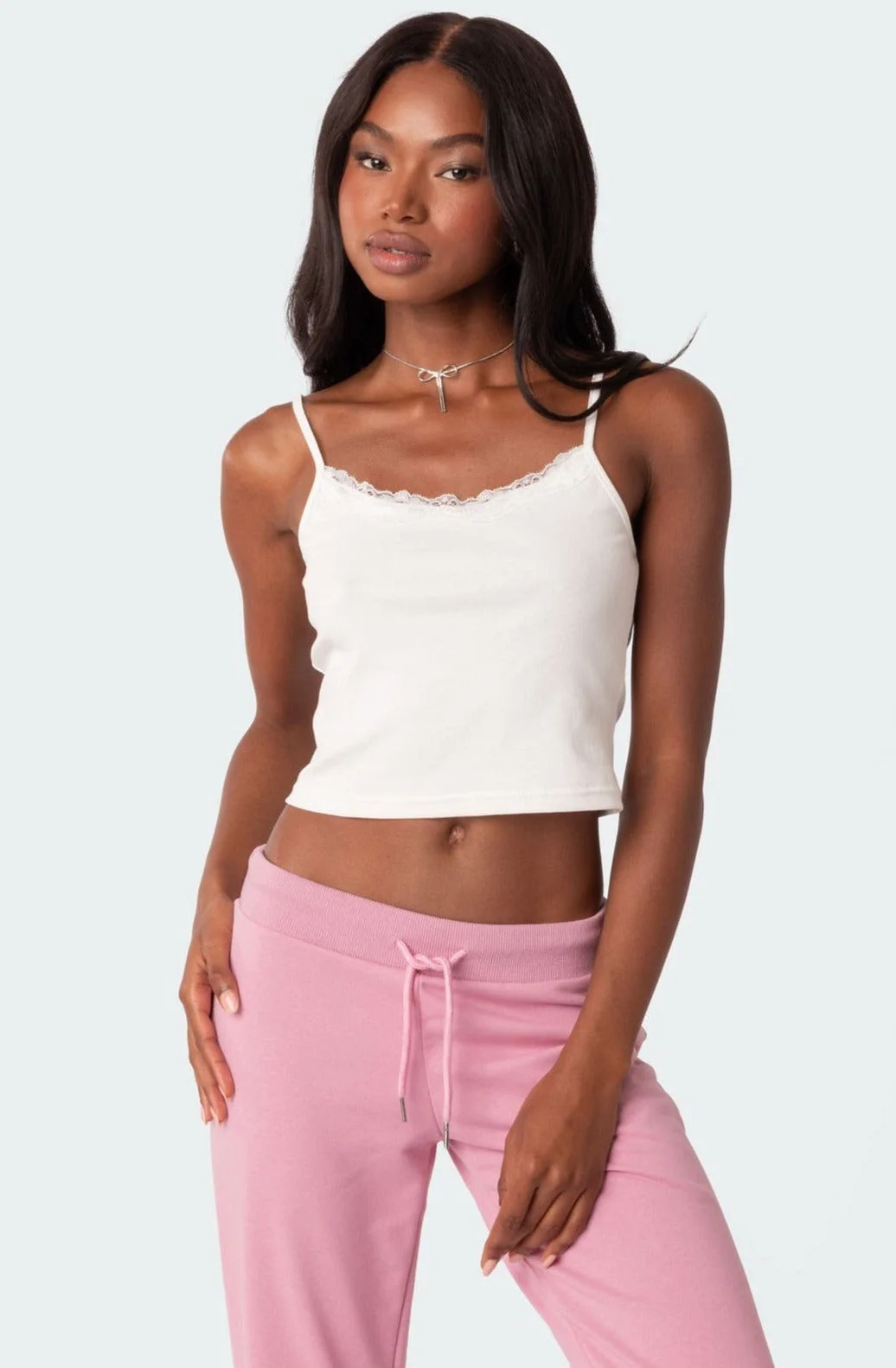 White Ribbed Tank Top with Lace Trim