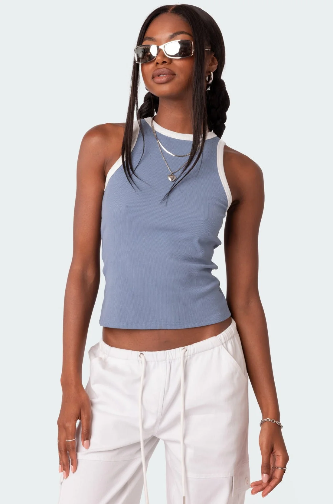 Blue Ribbed Cotton Tank Top