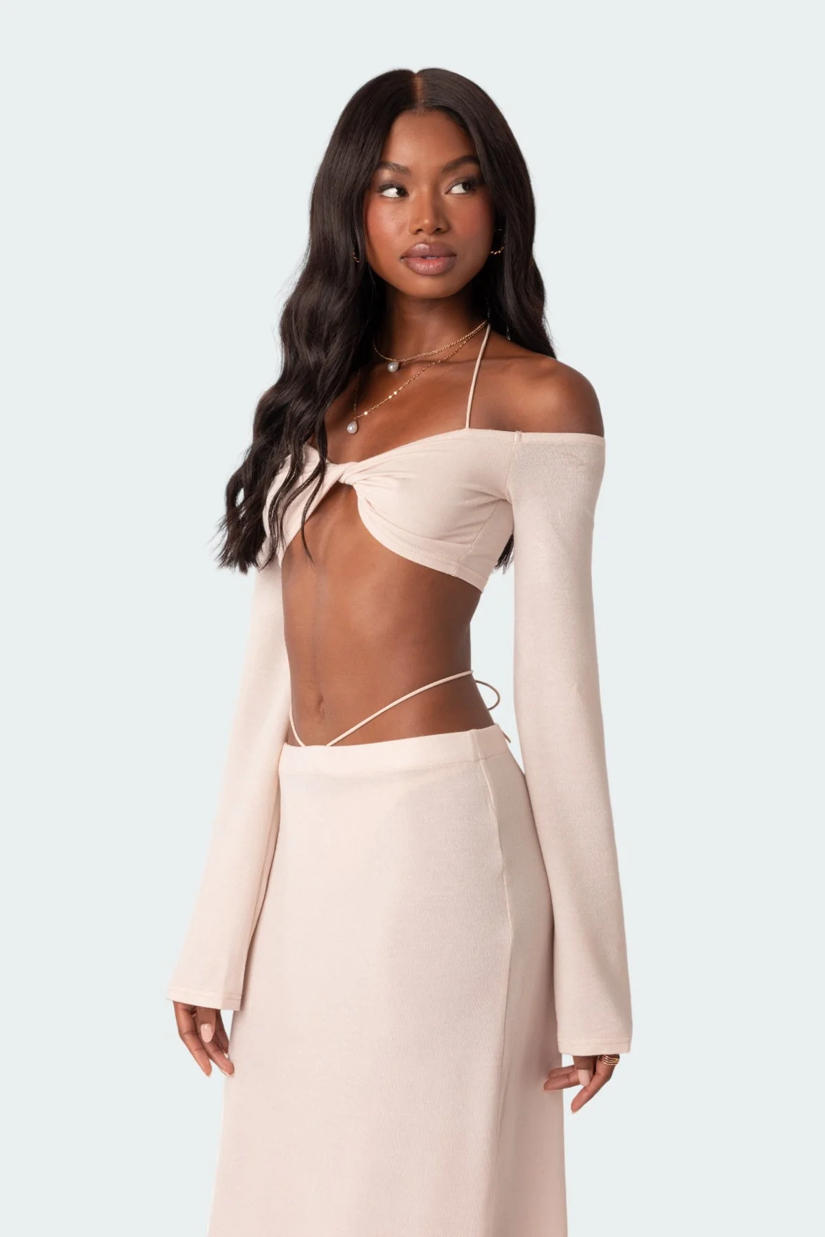 Cream Twist Front Off Shoulder Halter Crop Top