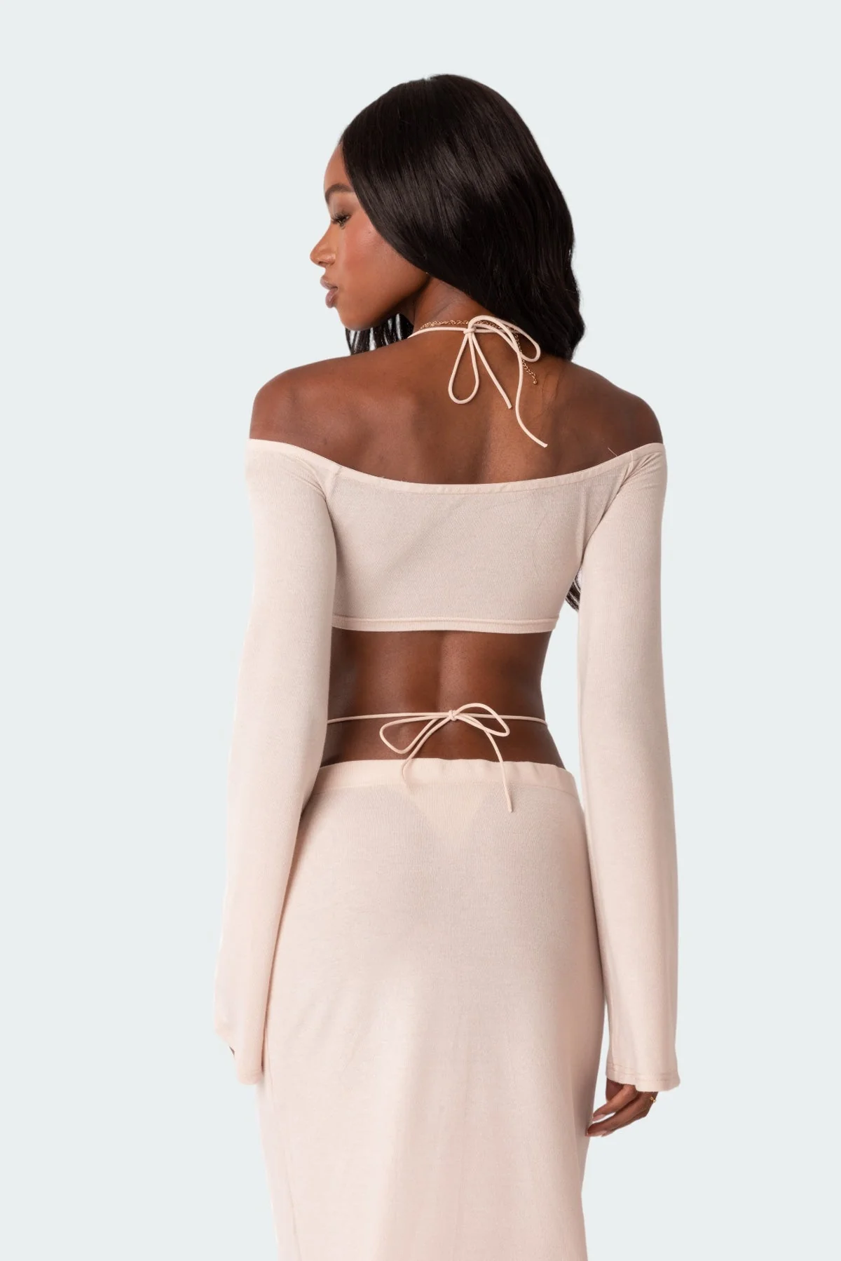 Cream Twist Front Off Shoulder Halter Crop Top