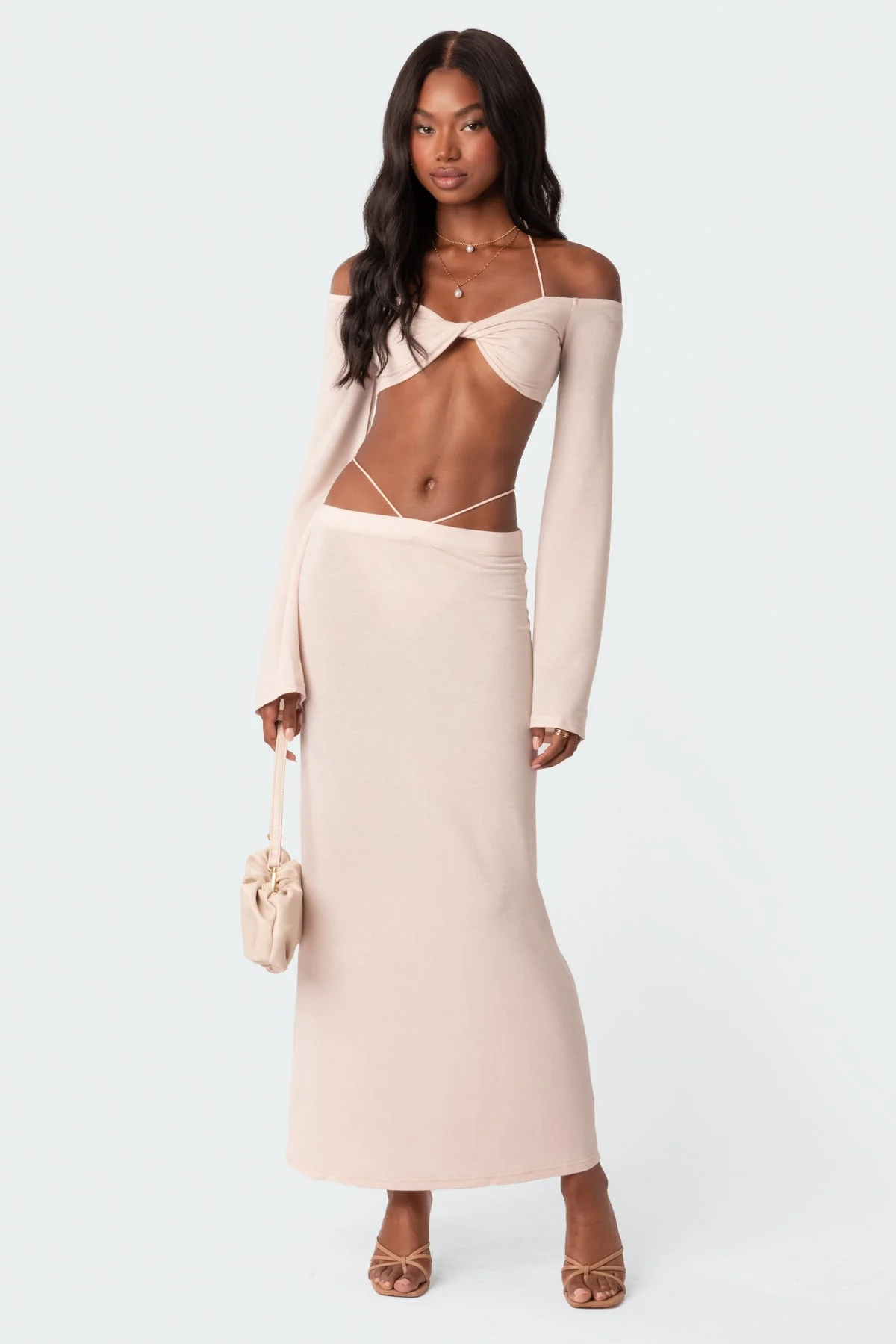 Cream Twist Front Off Shoulder Halter Crop Top