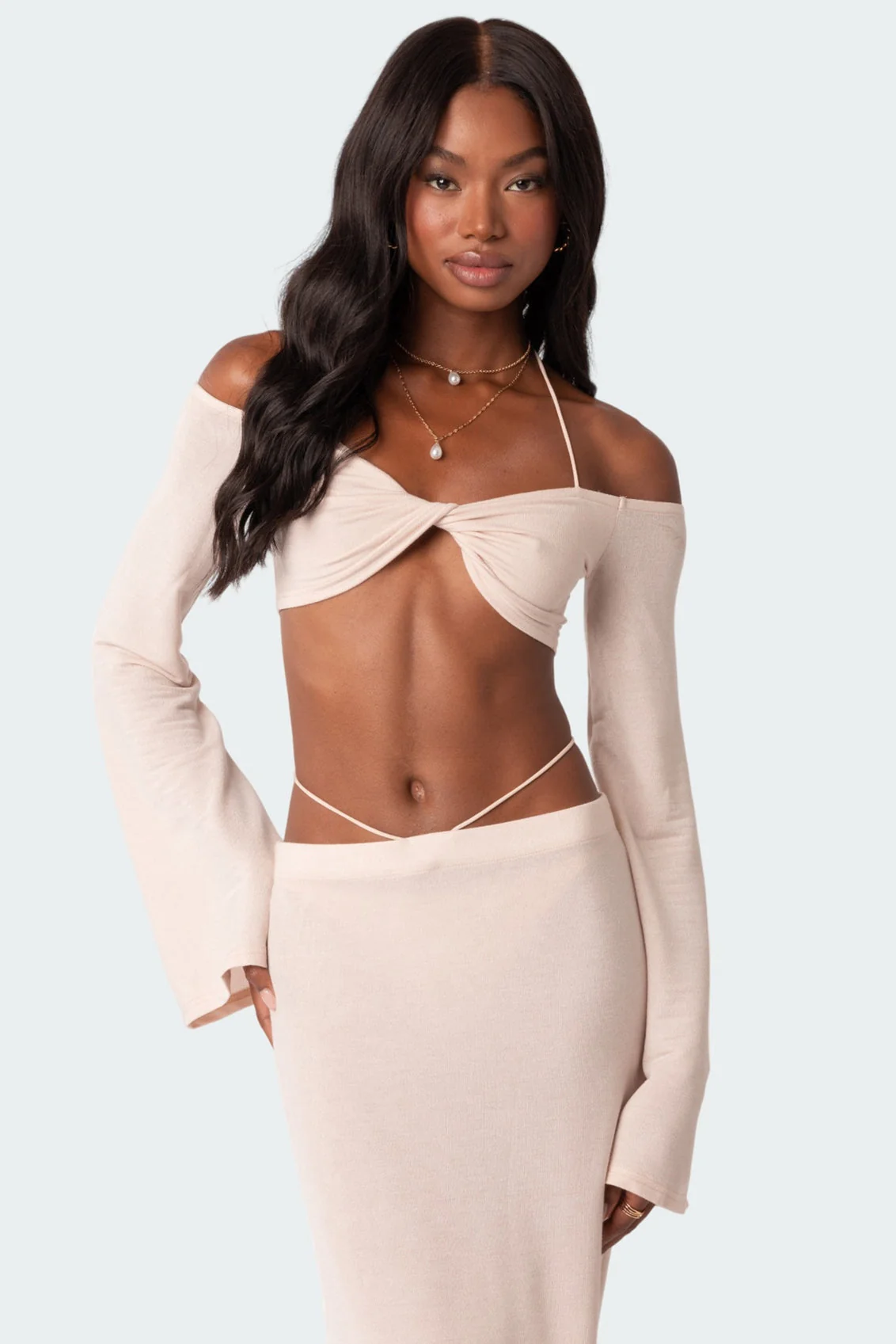 Cream Twist Front Off Shoulder Halter Crop Top