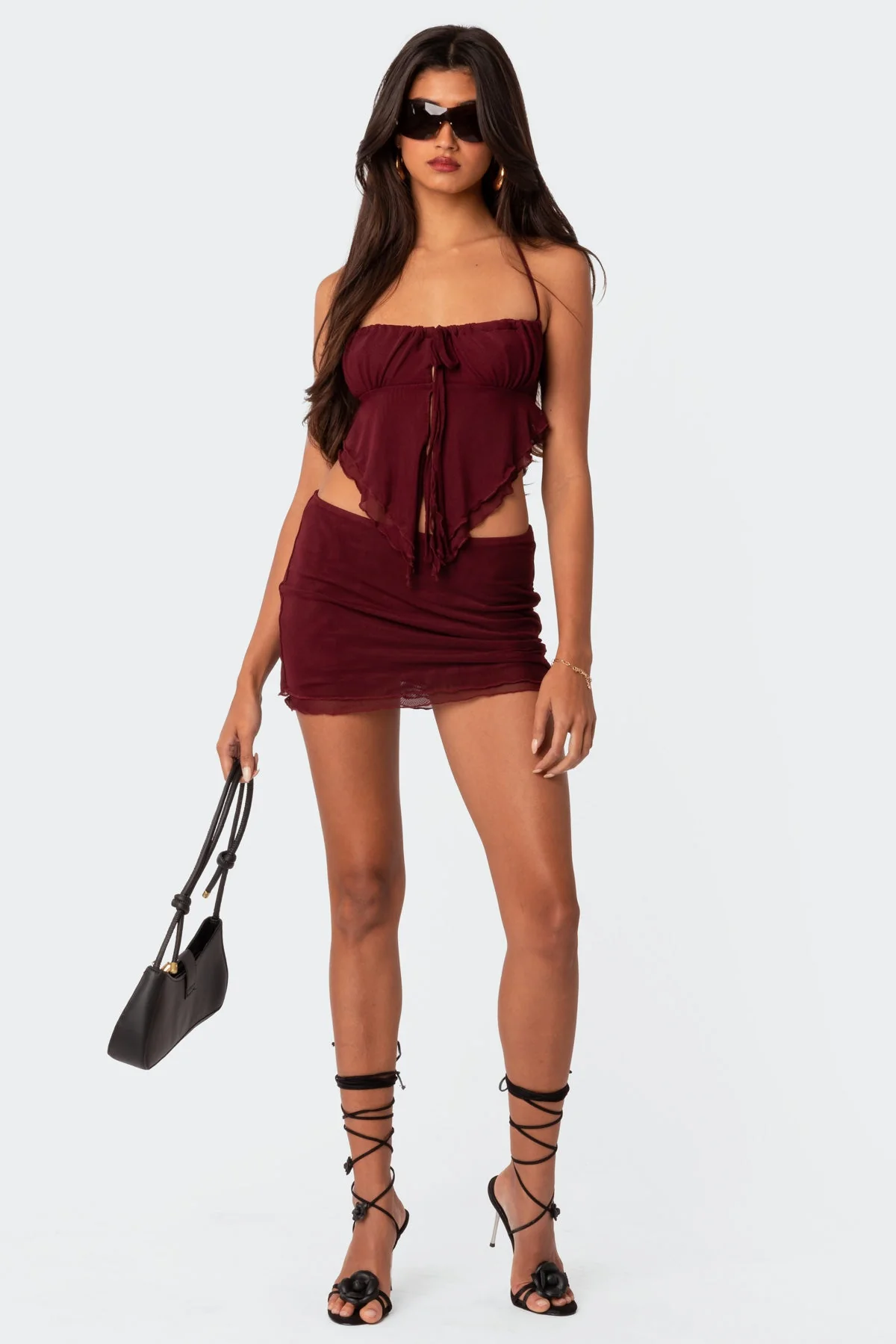 Burgundy Mesh Mini Skirt Womens Double Layered Set