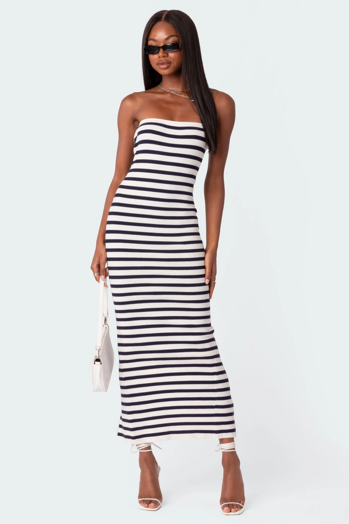 Strapless Knit Maxi Dress in Navy and White - Stylish and Elegant