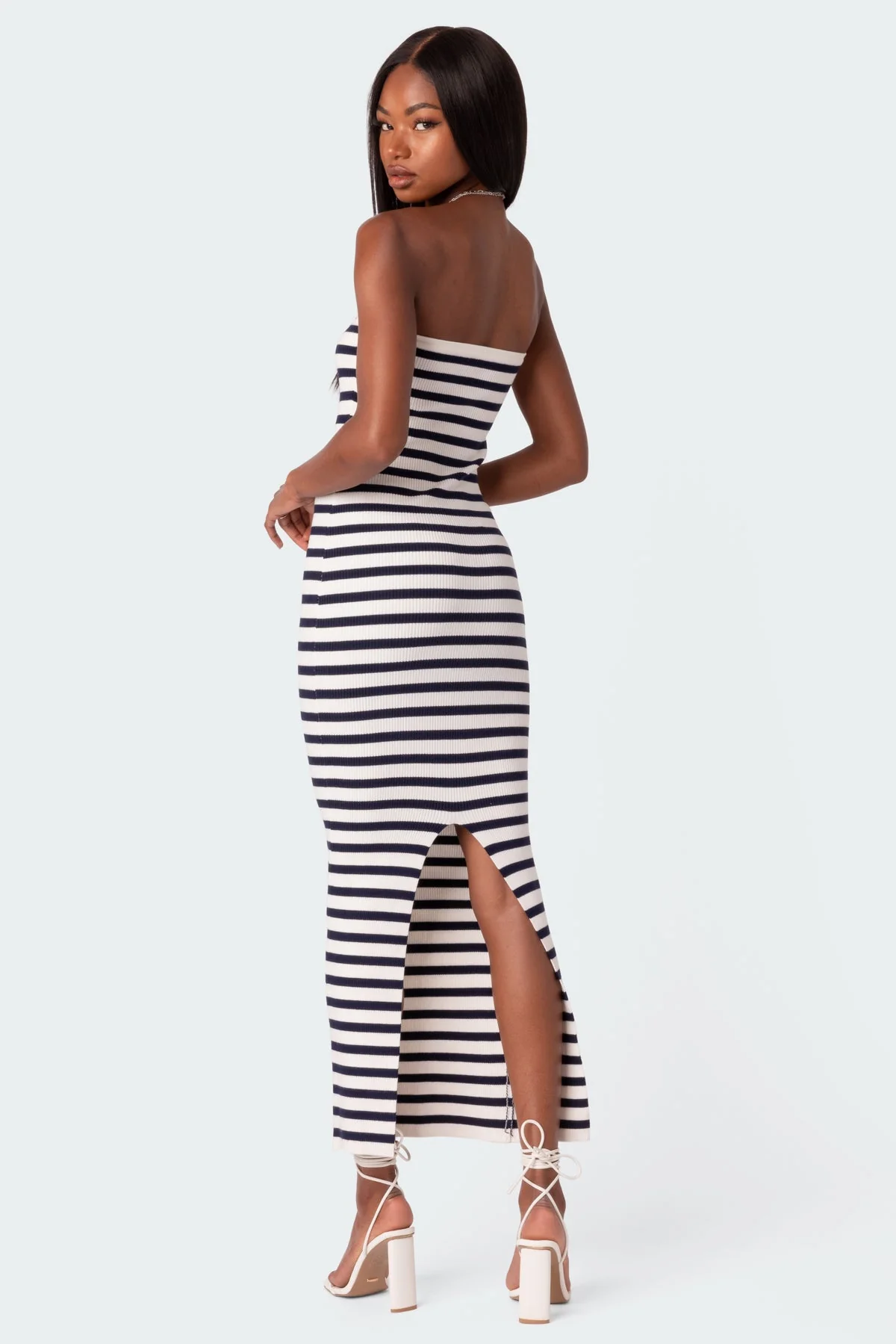 Strapless Knit Maxi Dress in Navy and White - Stylish and Elegant