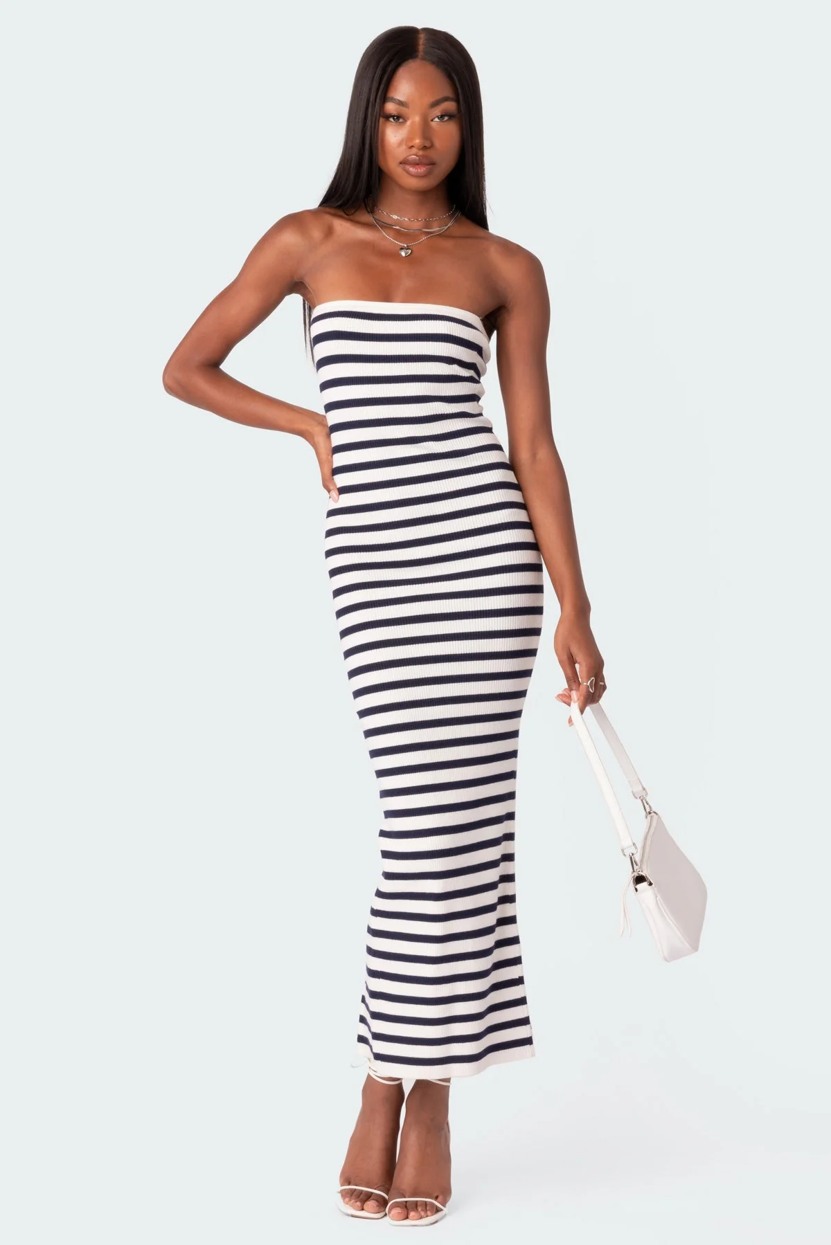 Strapless Knit Maxi Dress in Navy and White - Stylish and Elegant