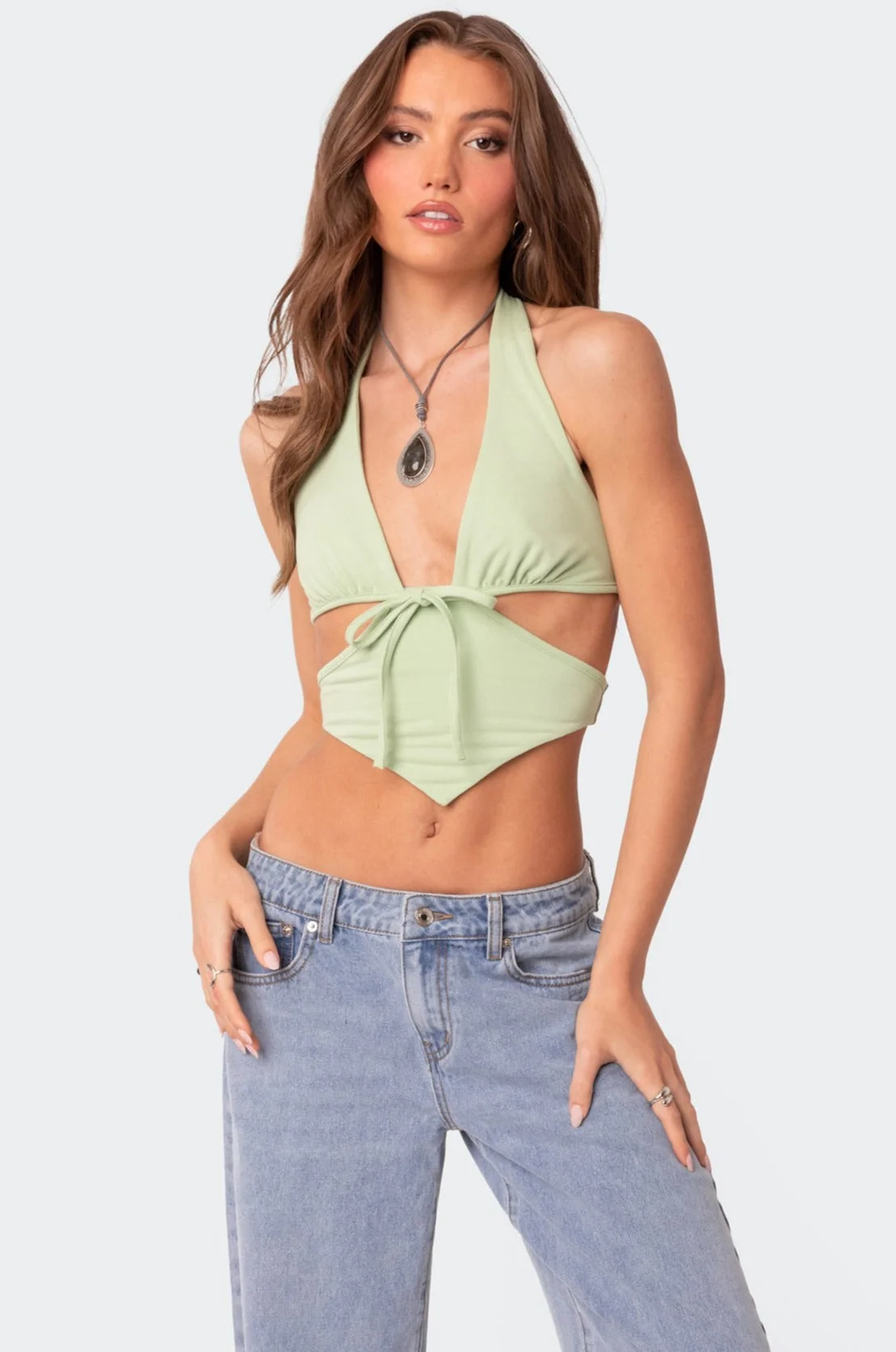 Green Tie Front Cut Out Crop Top