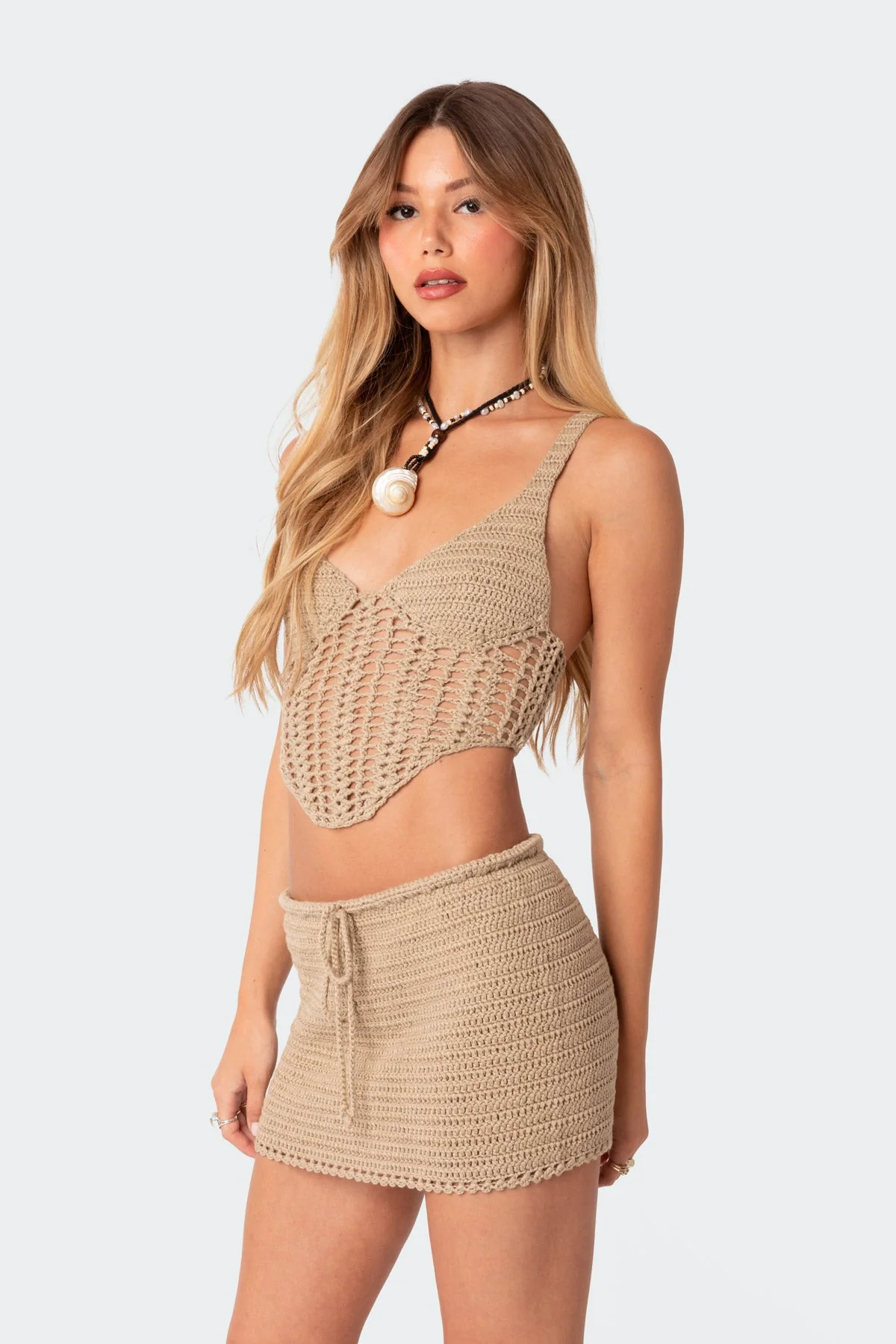 Knitted Crochet Lace-Up Top in Brown | Stylish & Cozy Knitwear