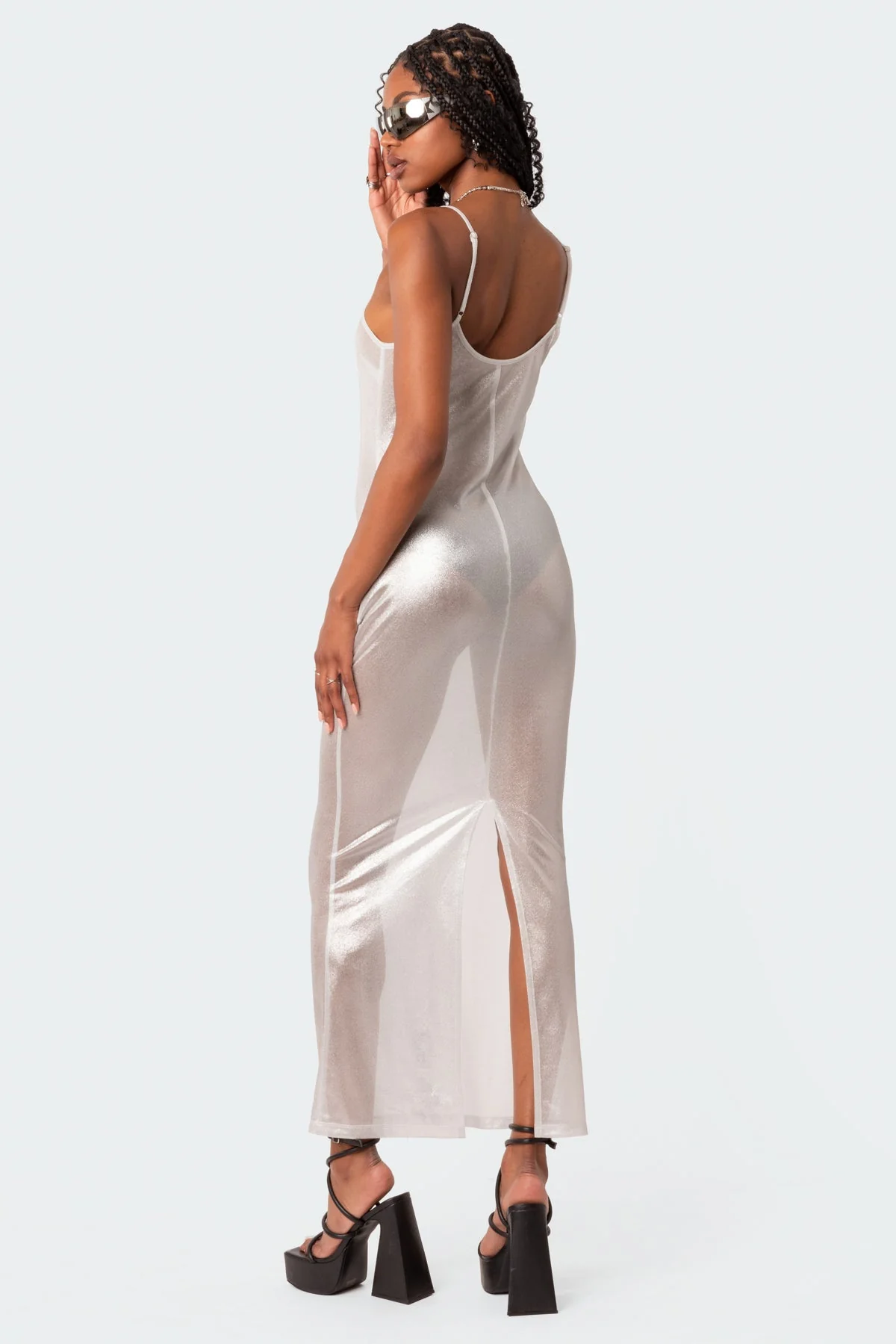White Sheer Glittery Maxi Dress with Back Slit