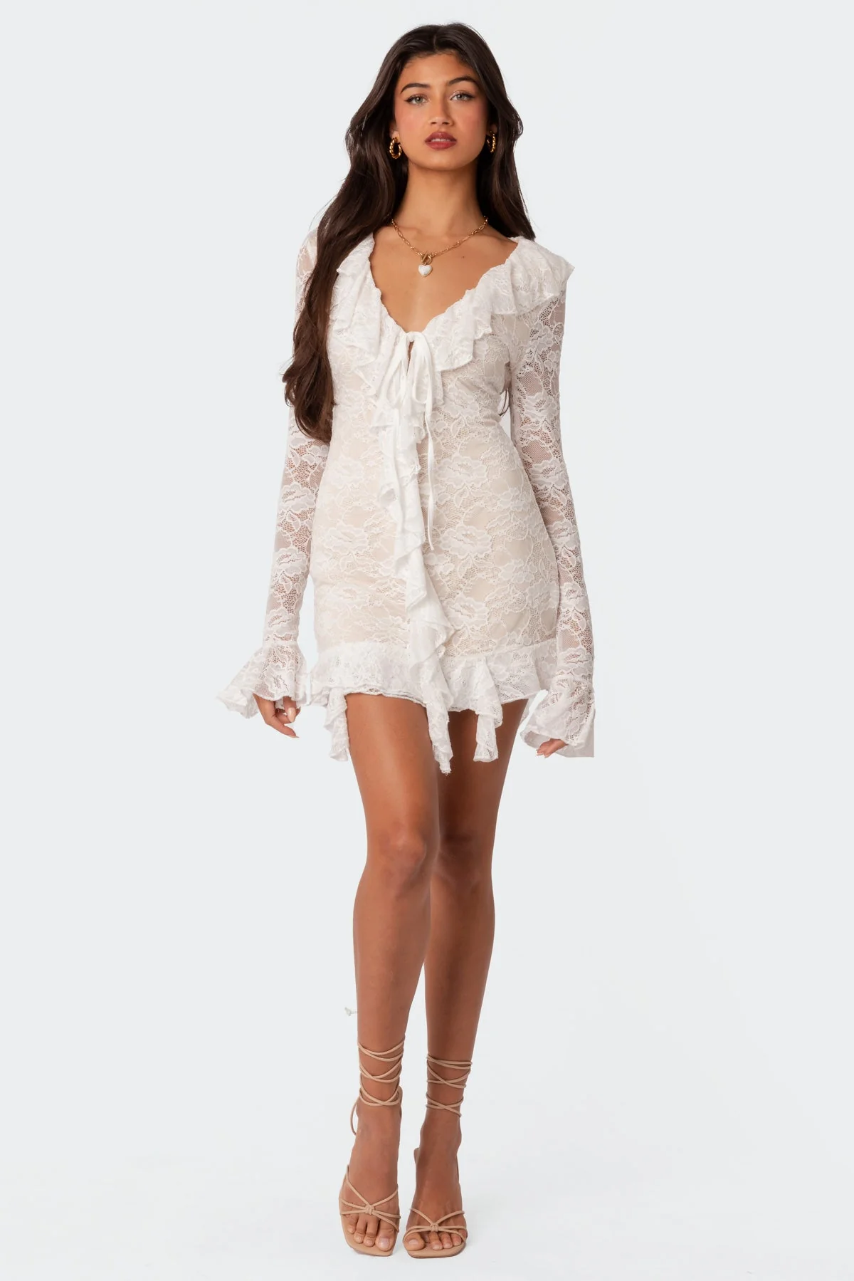 Ruffled Lace Mini Dress Cream Long Sleeve V-Neck Elegant Design