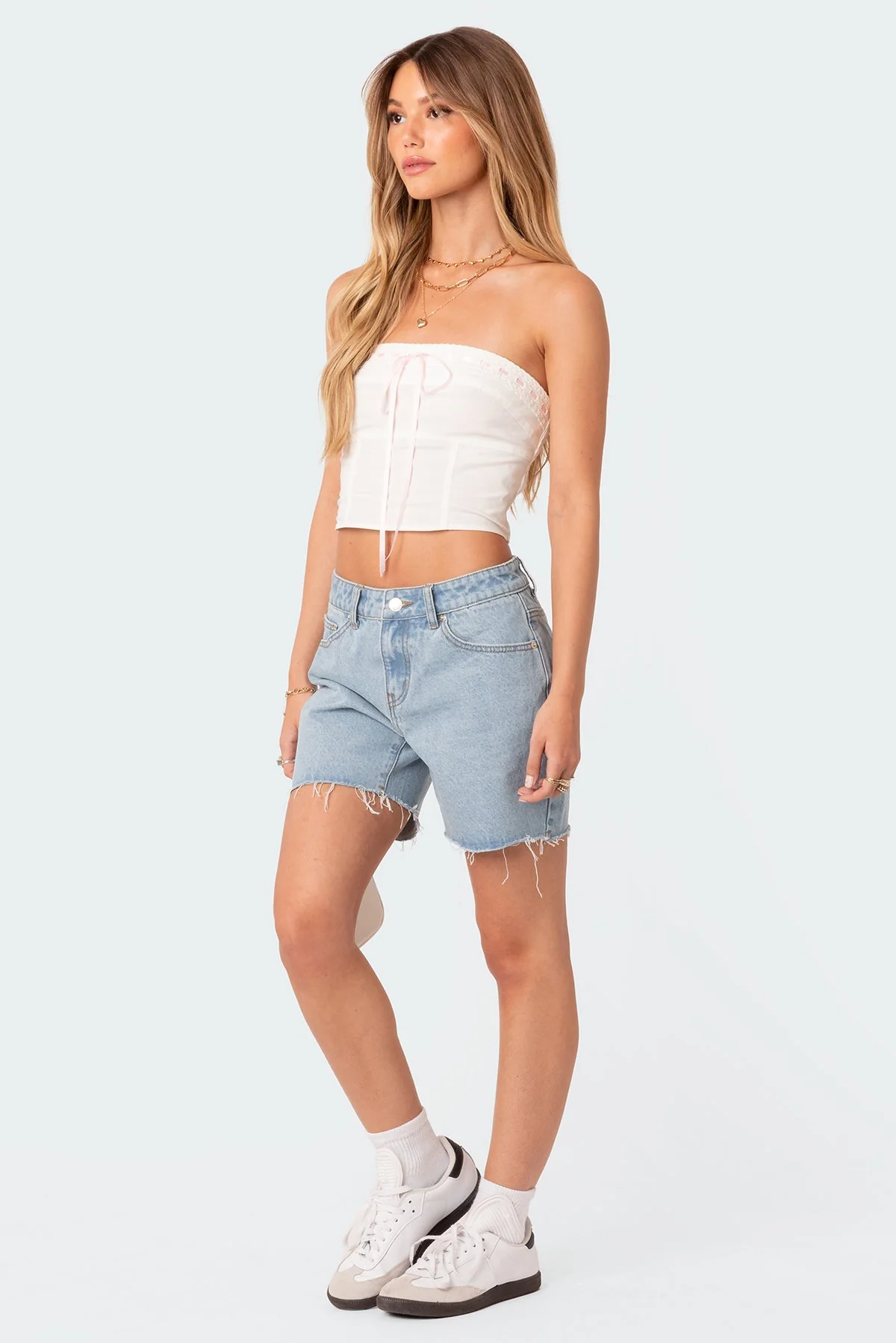 White Poplin Strapless Bustier Top with Ribbon Detail