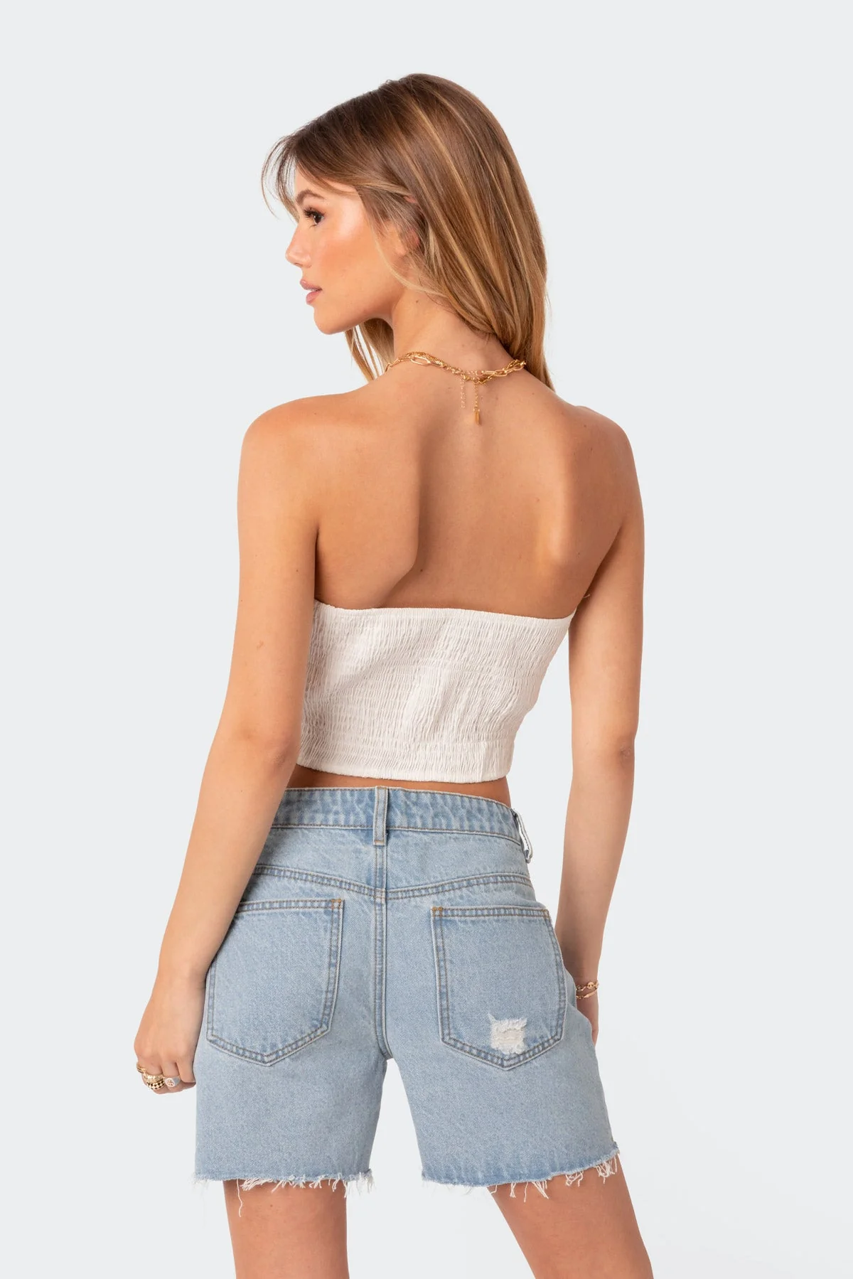 White Poplin Strapless Bustier Top with Ribbon Detail