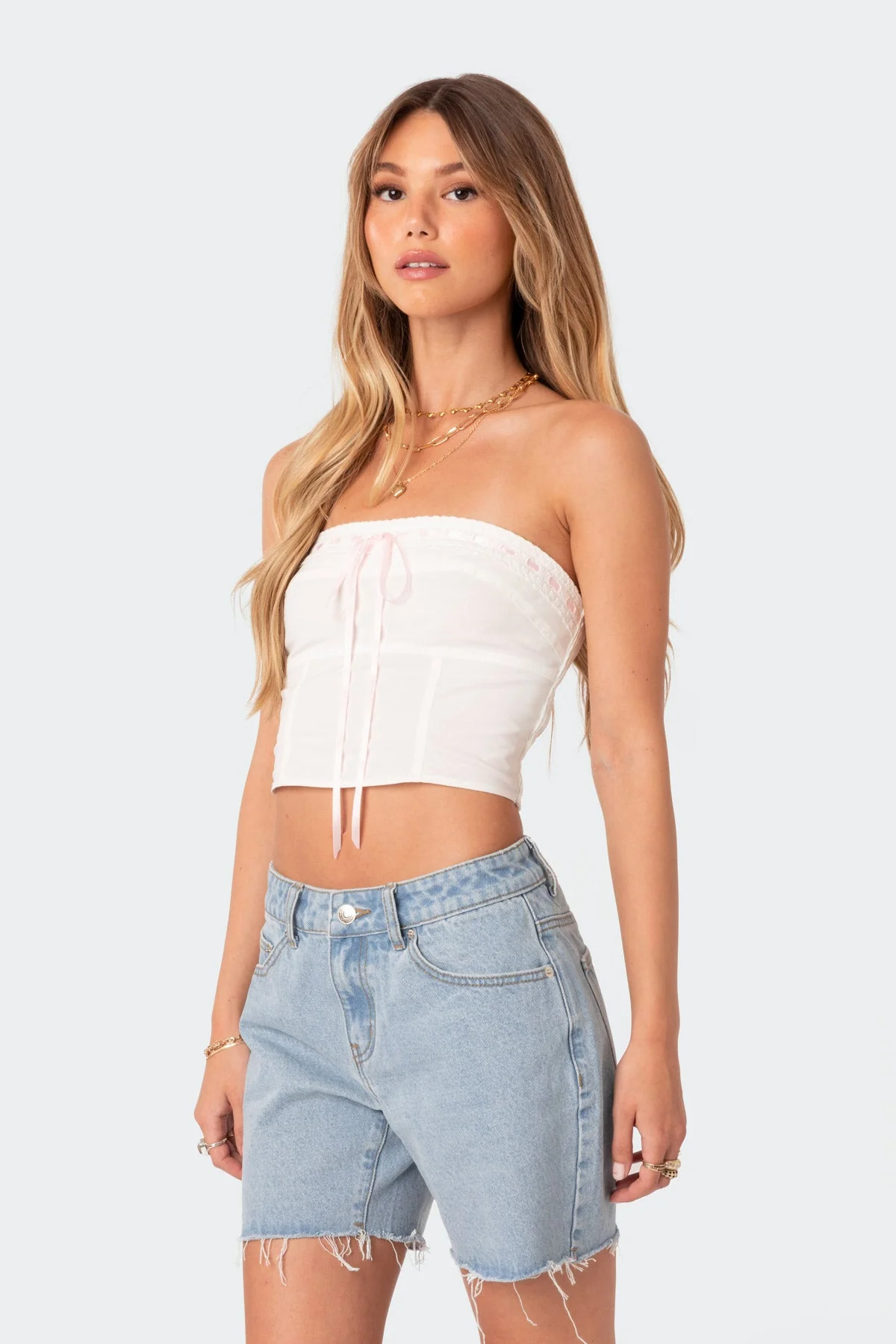 White Poplin Strapless Bustier Top with Ribbon Detail