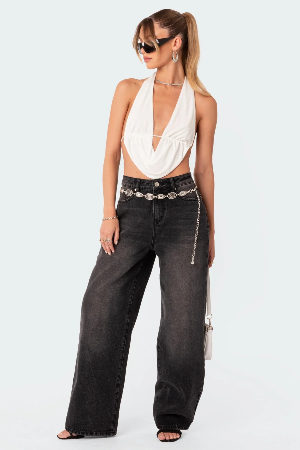 Backless Halter Crop Top White Scoop Neck Design