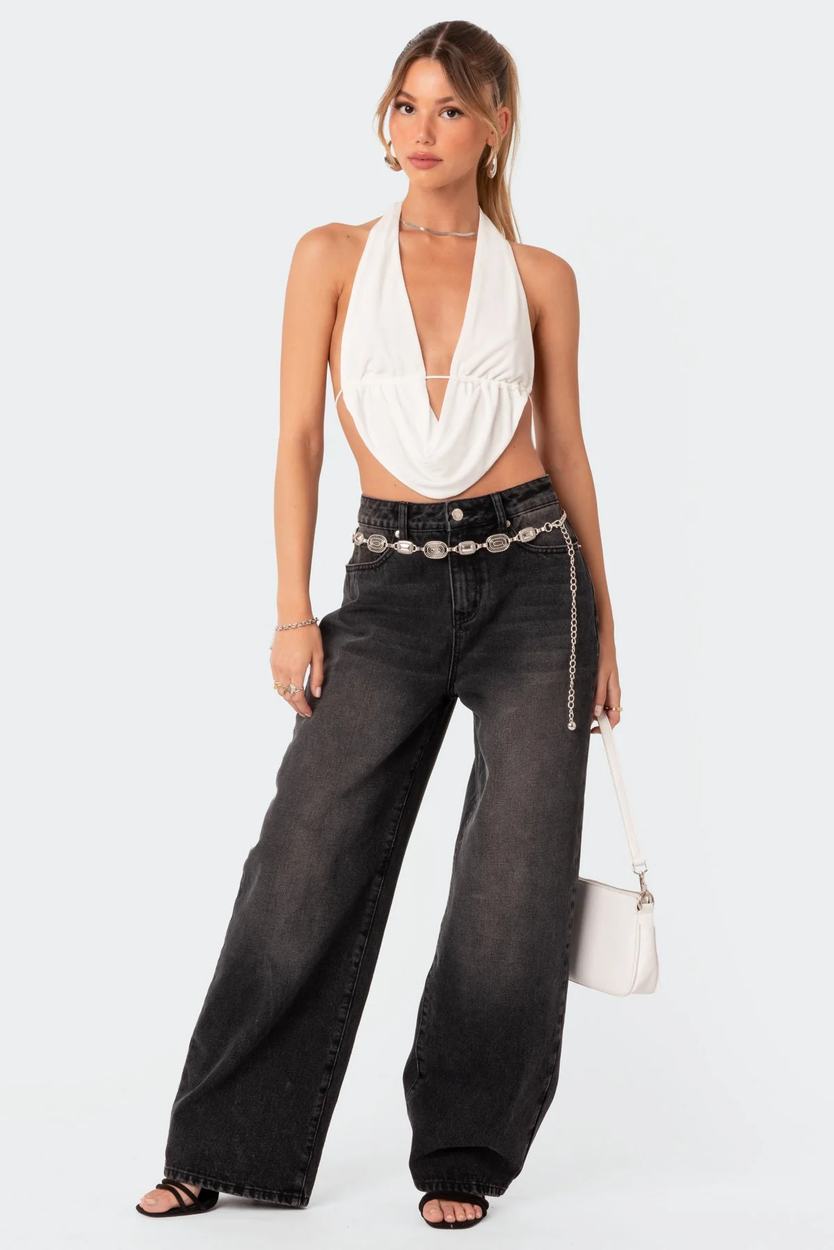 Backless Halter Crop Top White Scoop Neck Design