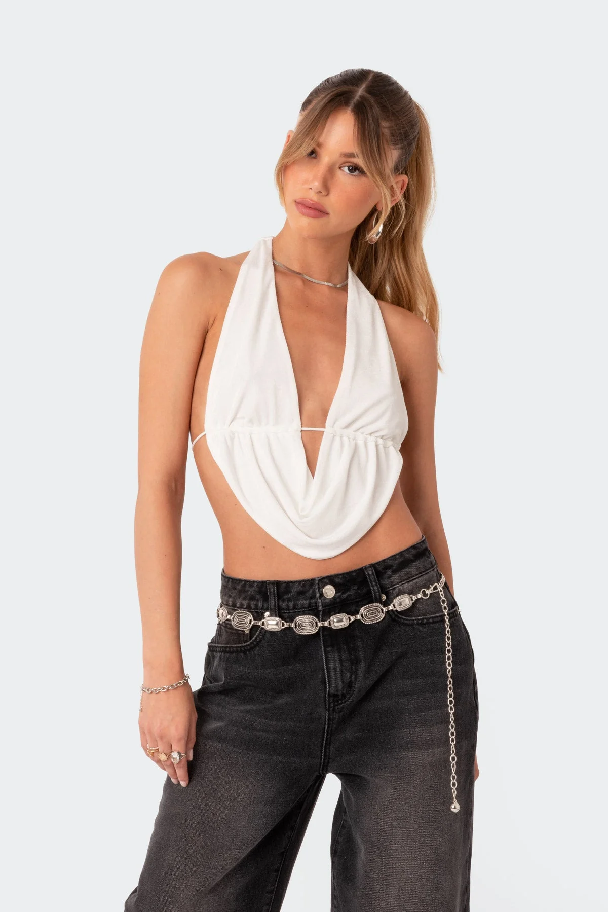 Backless Halter Crop Top White Scoop Neck Design