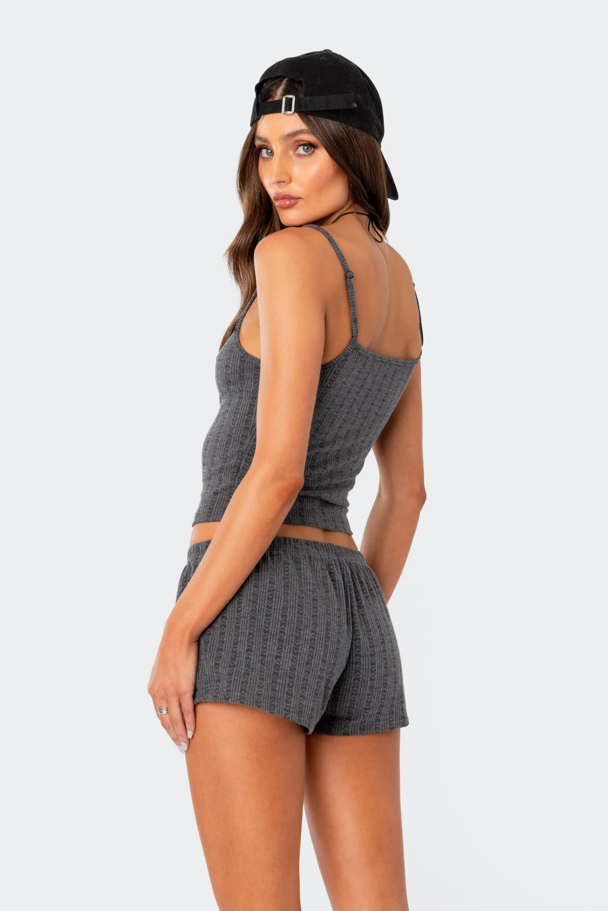 Gray Pointelle Tank Top with Lace Trim & Bow Detail