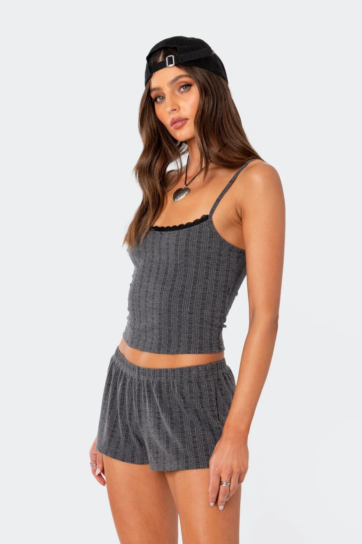 Gray Pointelle Tank Top with Lace Trim & Bow Detail