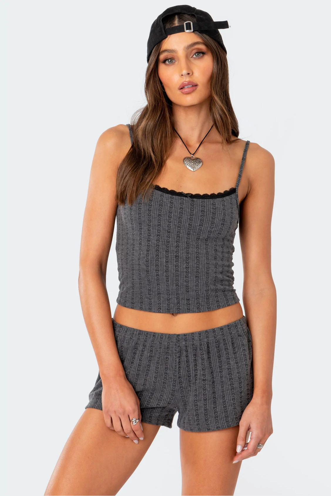 Gray Pointelle Tank Top with Lace Trim & Bow Detail