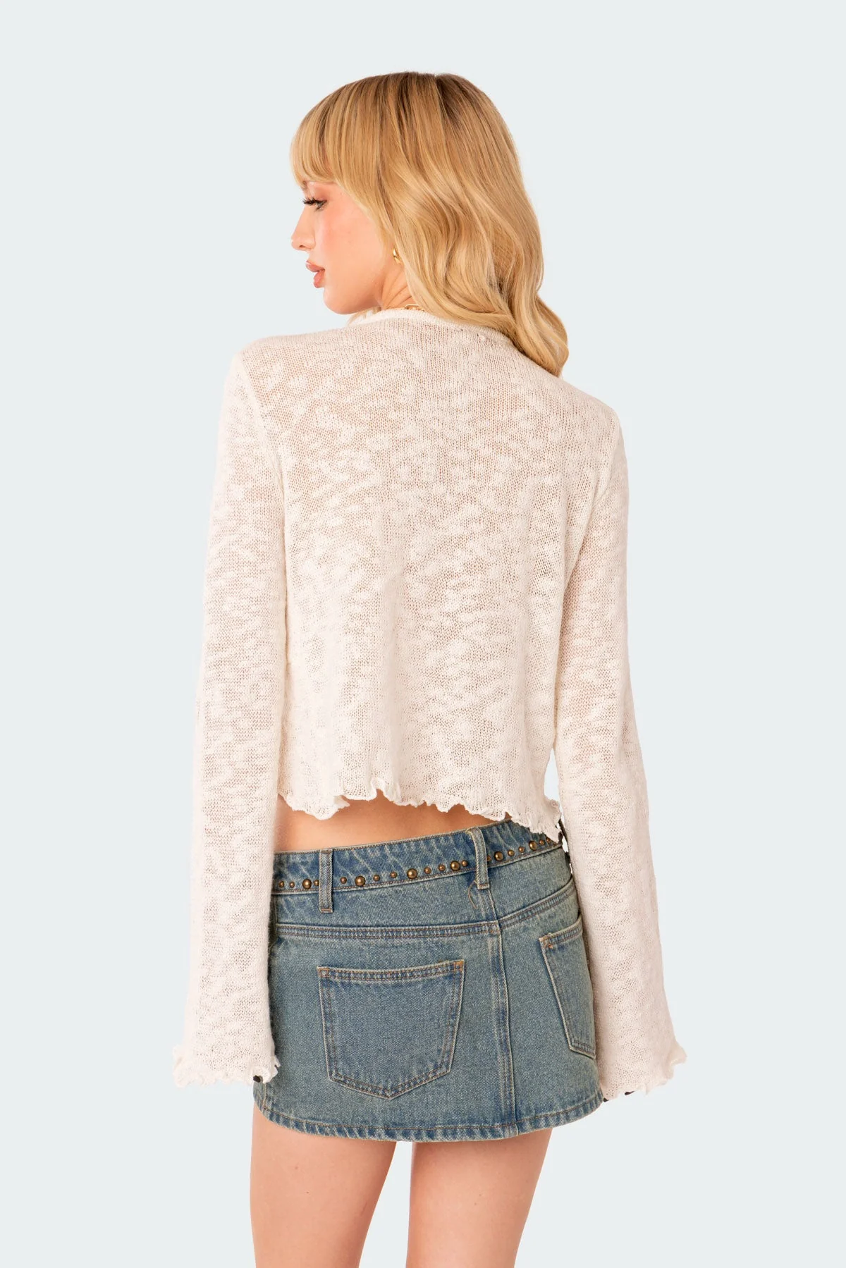 Cream Knit Tie Front Top - Womens Ruffle Hem Sweater
