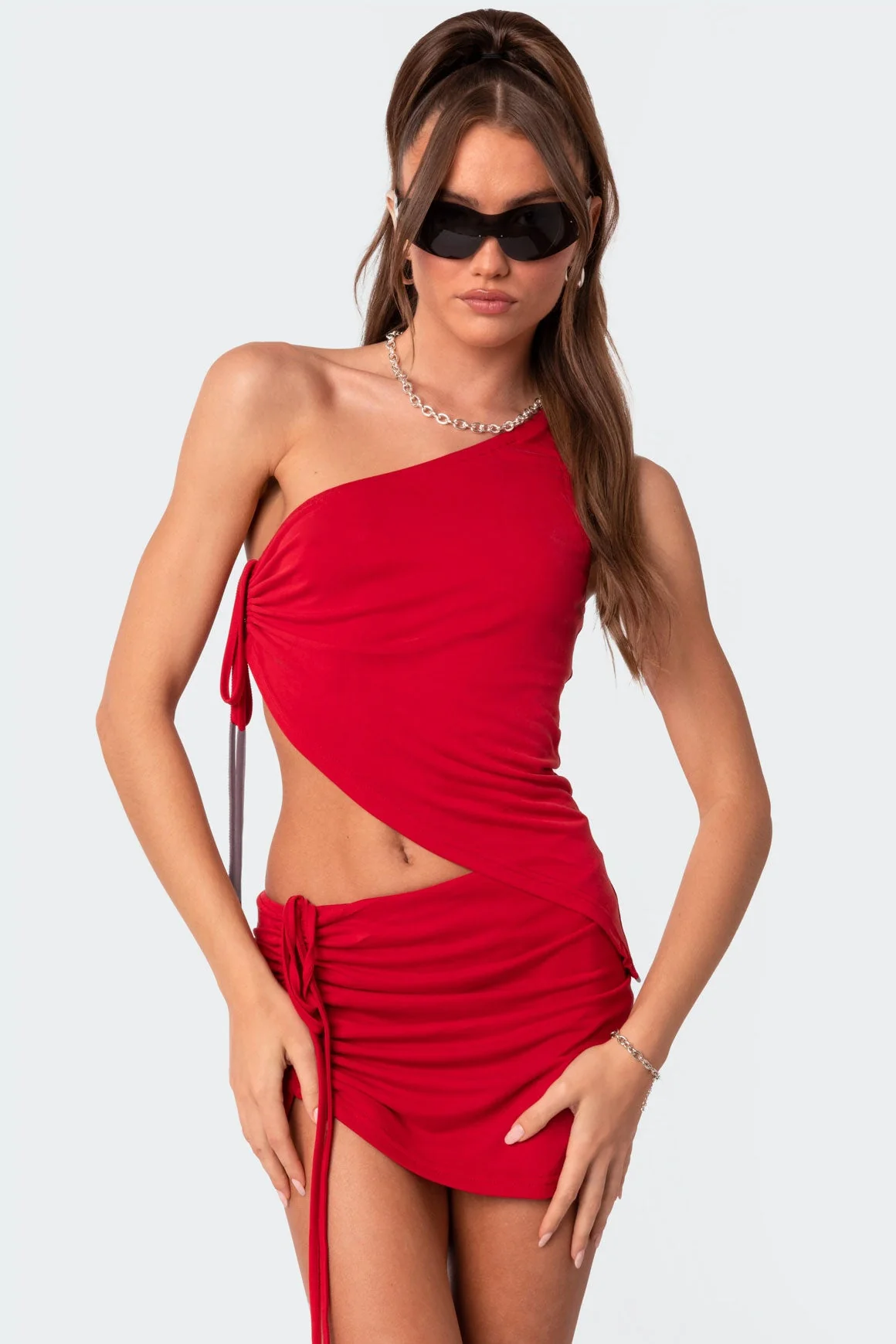 Red Asymmetric Drawstring Crop Top with One-Shoulder Design