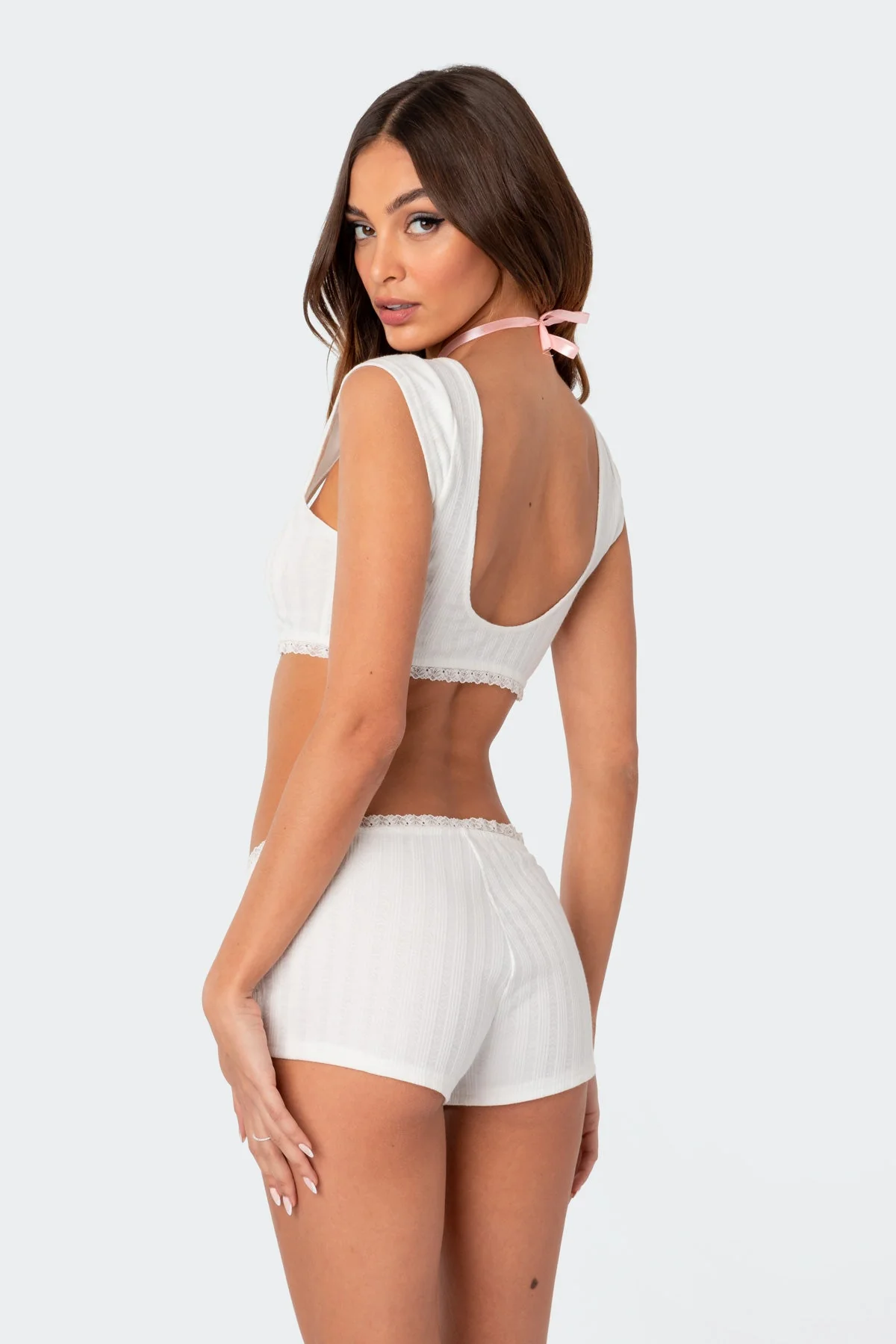 White Pointelle Backless Sleepwear Crop Top