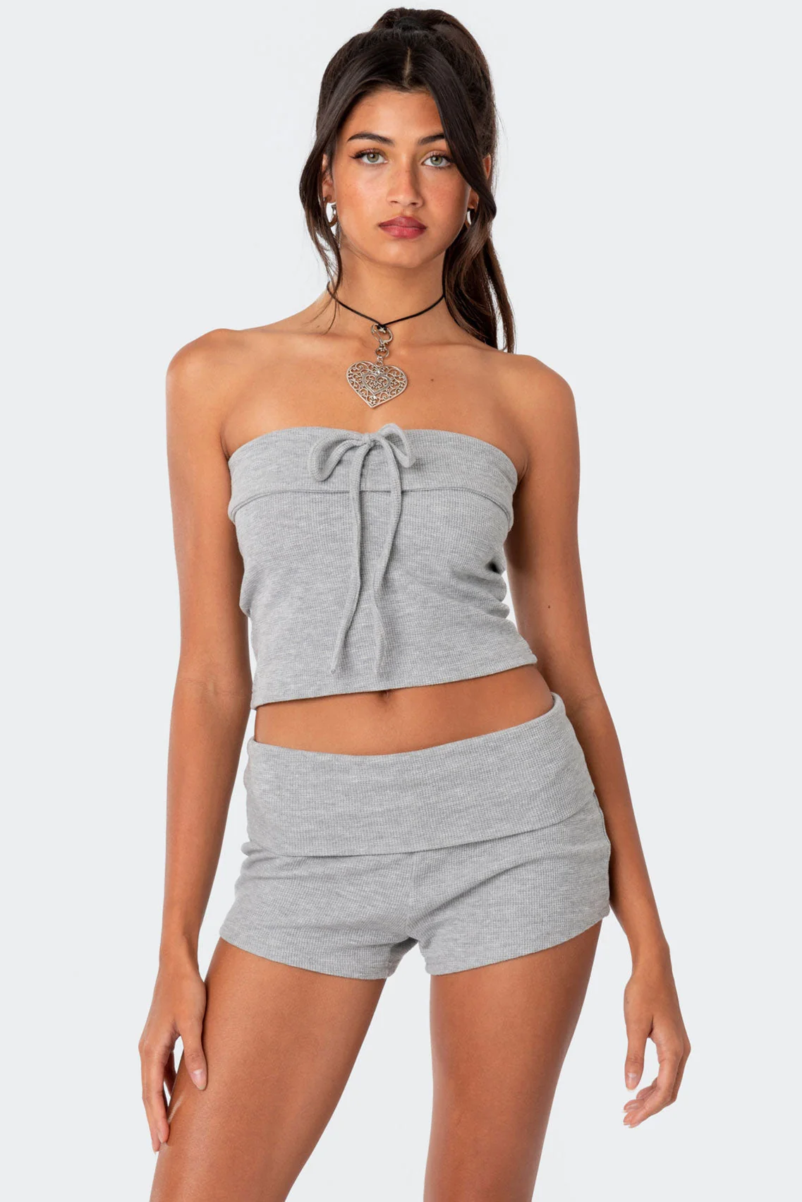 Gray Melange Foldover Waffle Tube Top