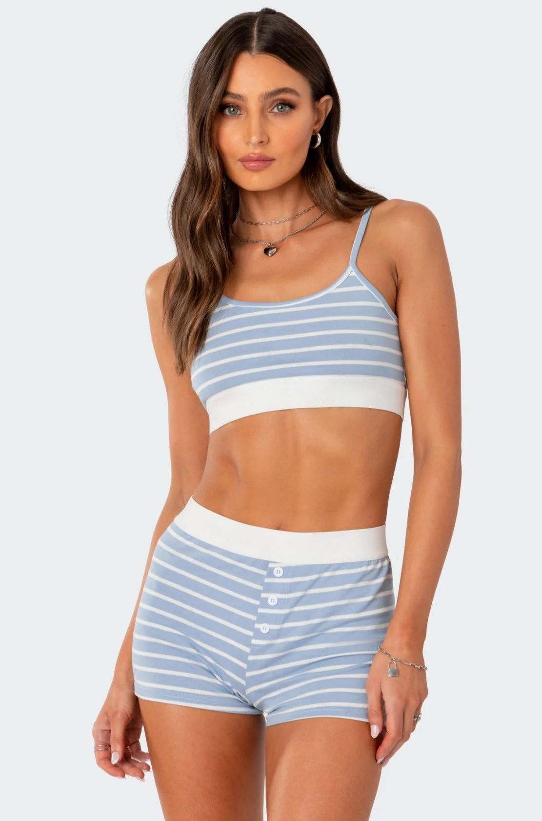 Blue Striped Crop Top Bra with Elastic Band