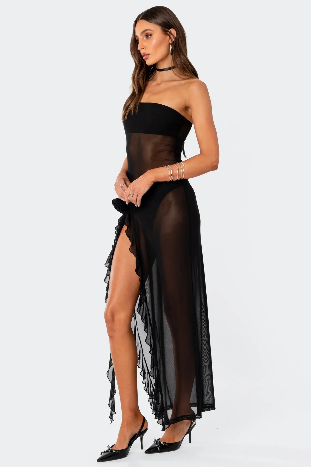 Black Sheer Mesh Flower Pin Maxi Dress