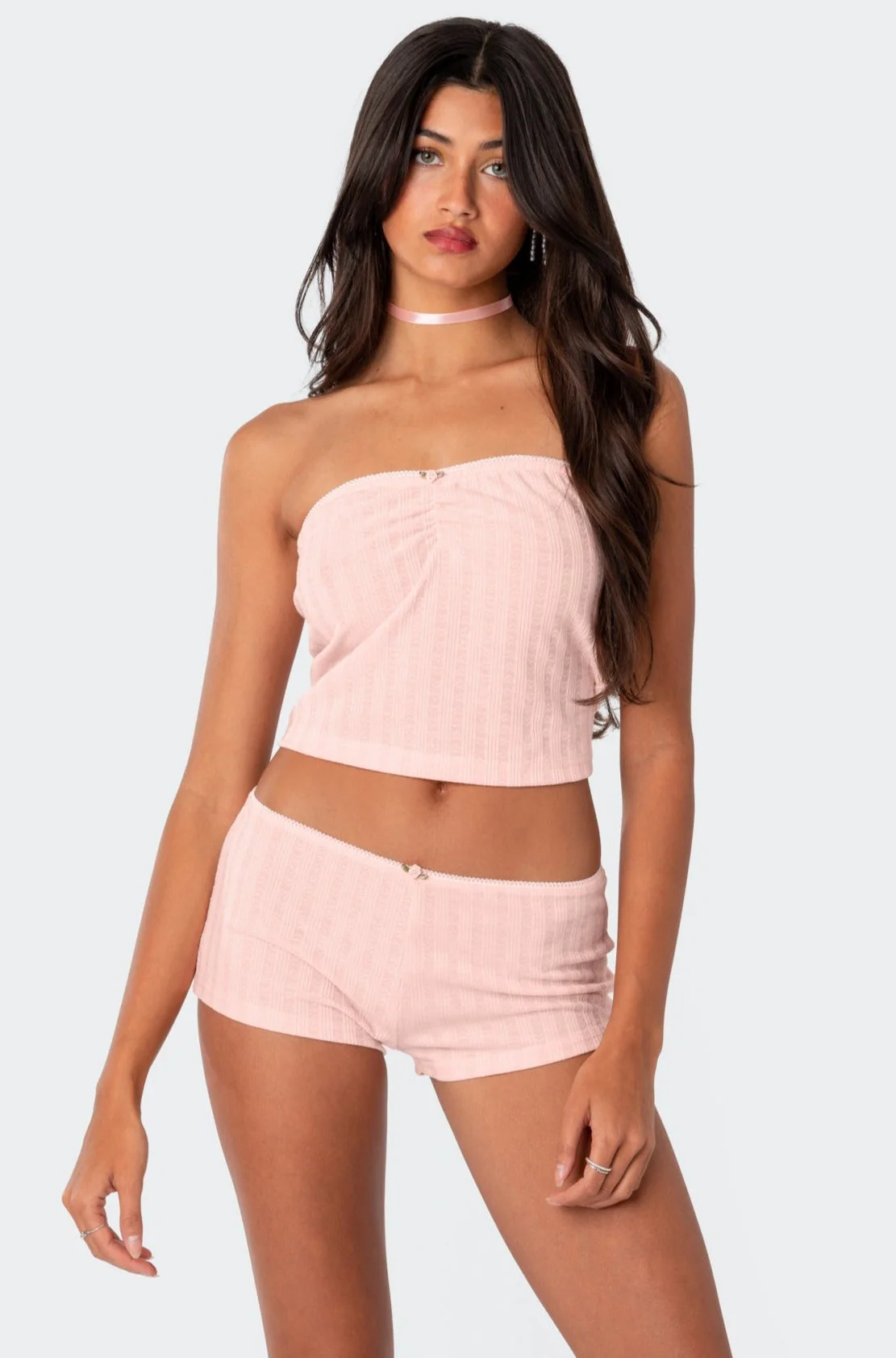 Sweetpea Pointelle Ruched Tube Top in Light Pink