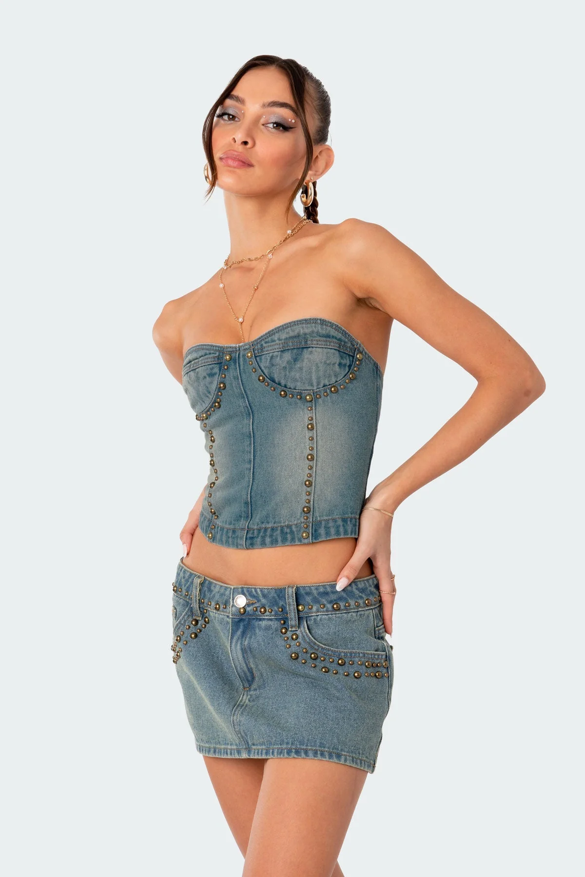Blue Washed Denim Lace-Up Corset Top