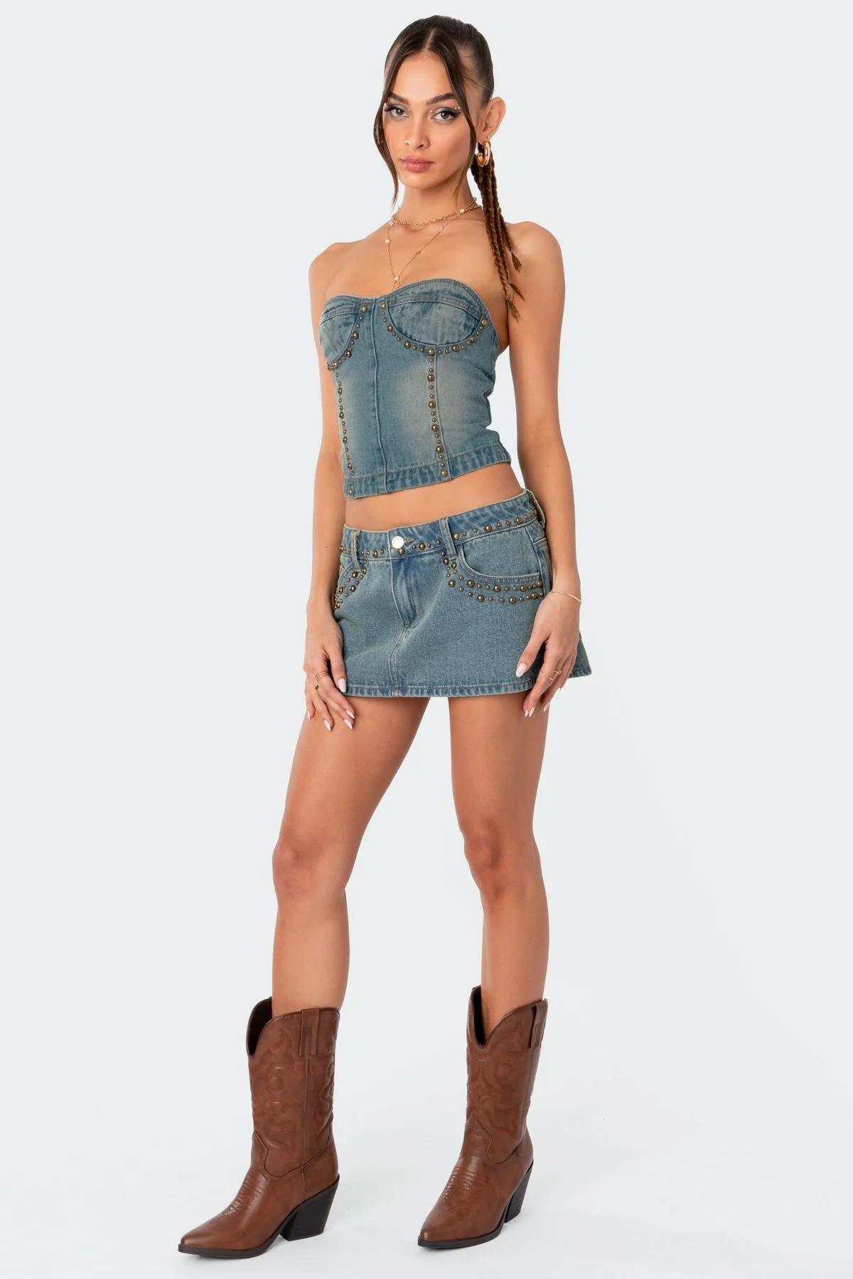 Blue Washed Denim Lace-Up Corset Top