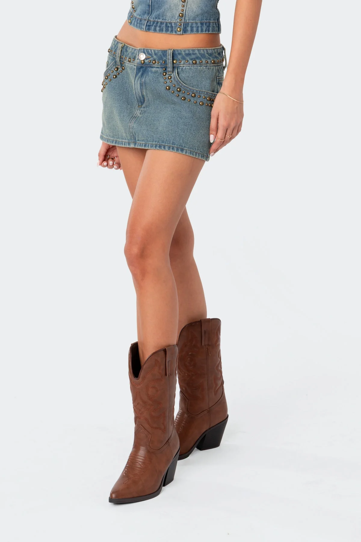 Blue Washed Denim Mini Skirt - Low Rise Studded Design