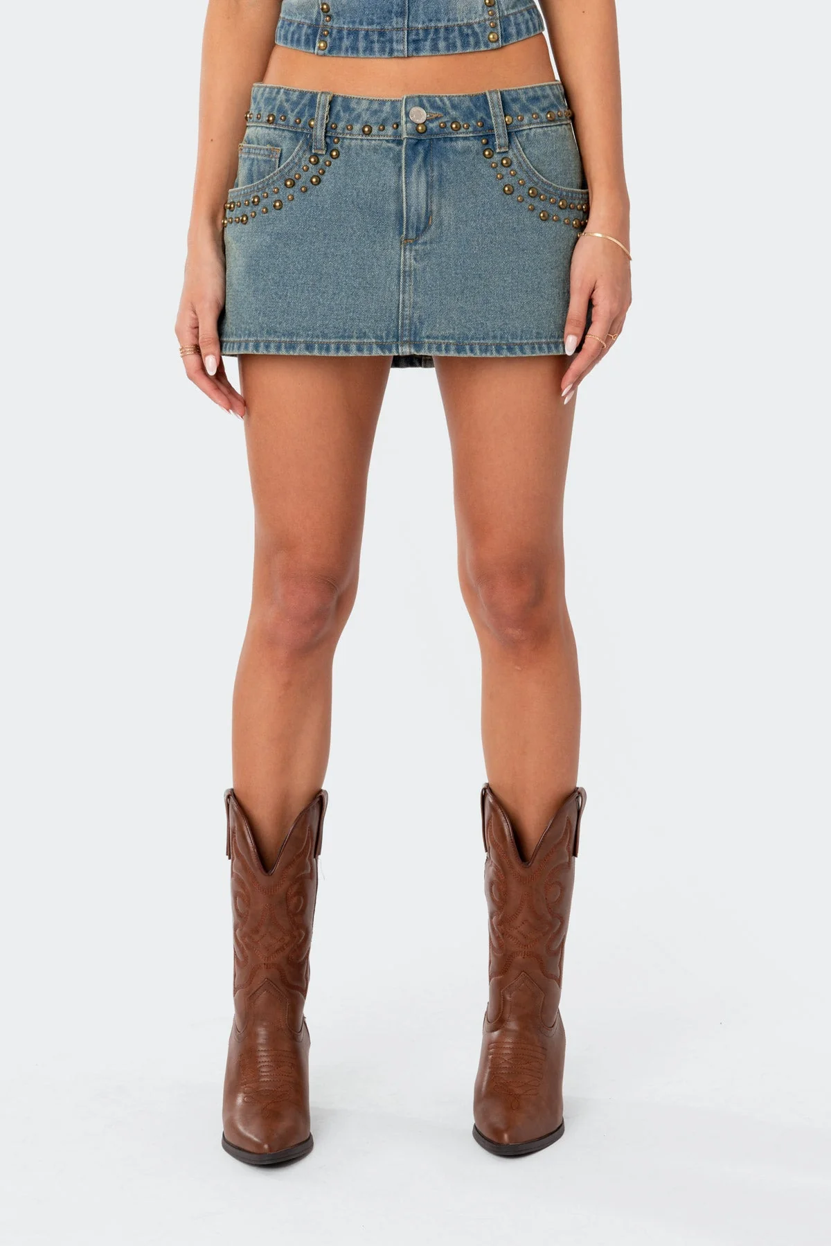 Blue Washed Denim Mini Skirt - Low Rise Studded Design