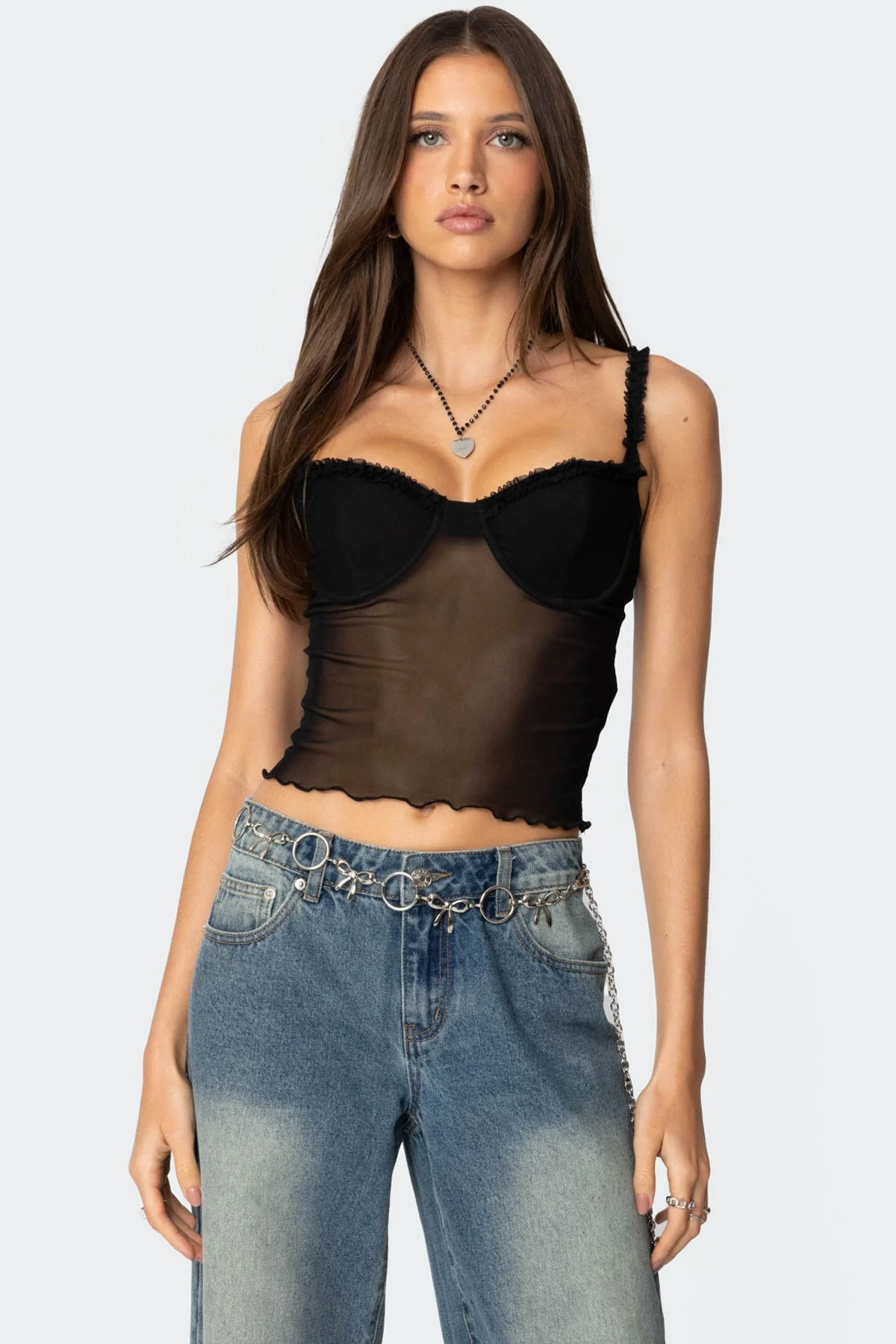 Sheer Mesh Corset Bra Top in Black - Adjustable Straps & Lettuce Hem
