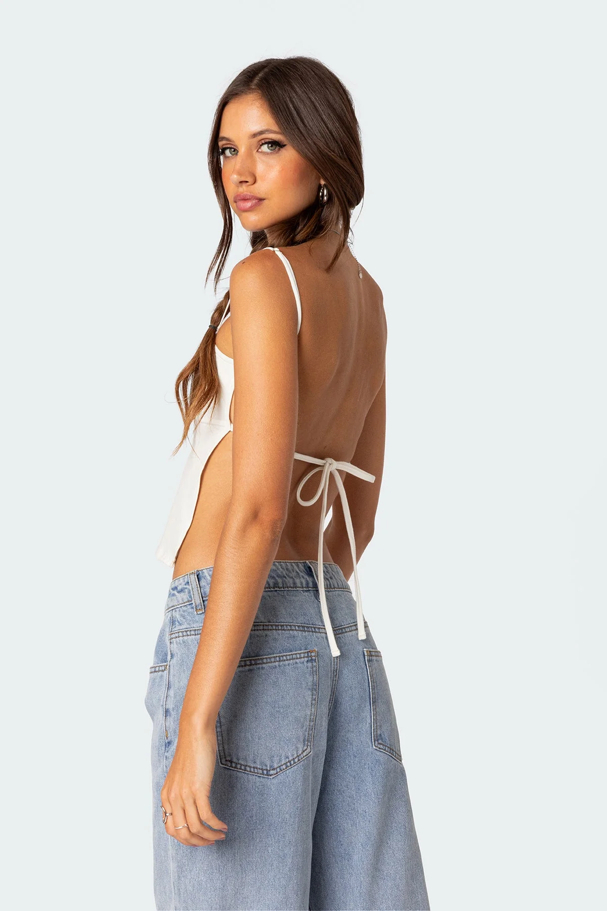 White Tie-Back Crop Top in Cotton Spandex Mix