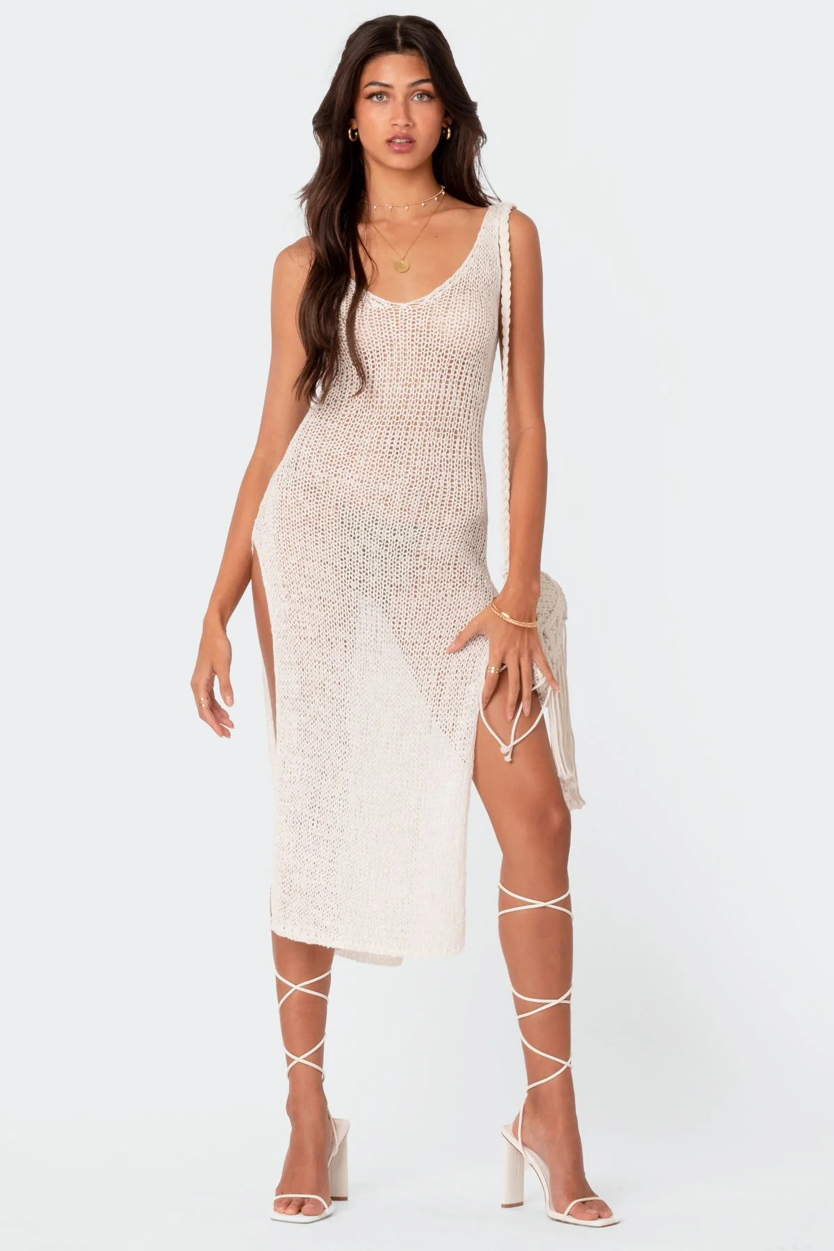 Cream Knitted Midi Dress with Open Back | Elegant Style